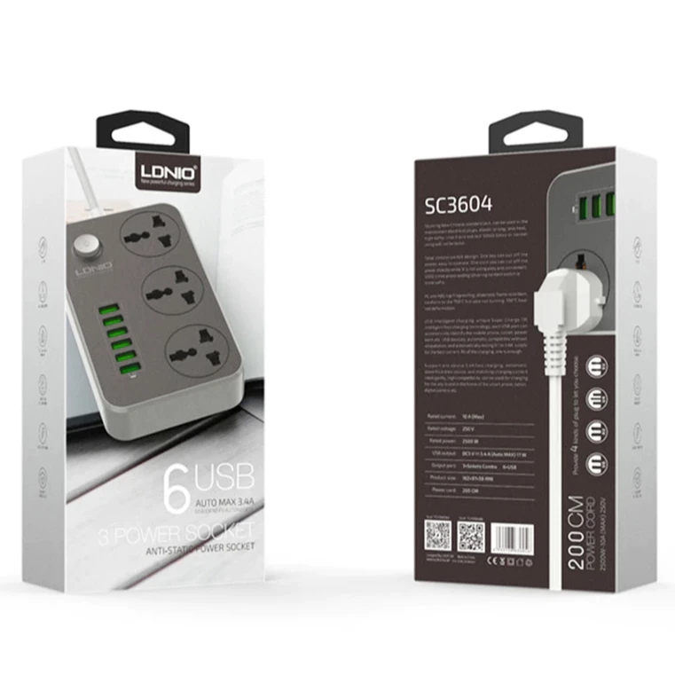 UK-3pin Power Extension with 6 USB Ports & 3 Universal Plug Output