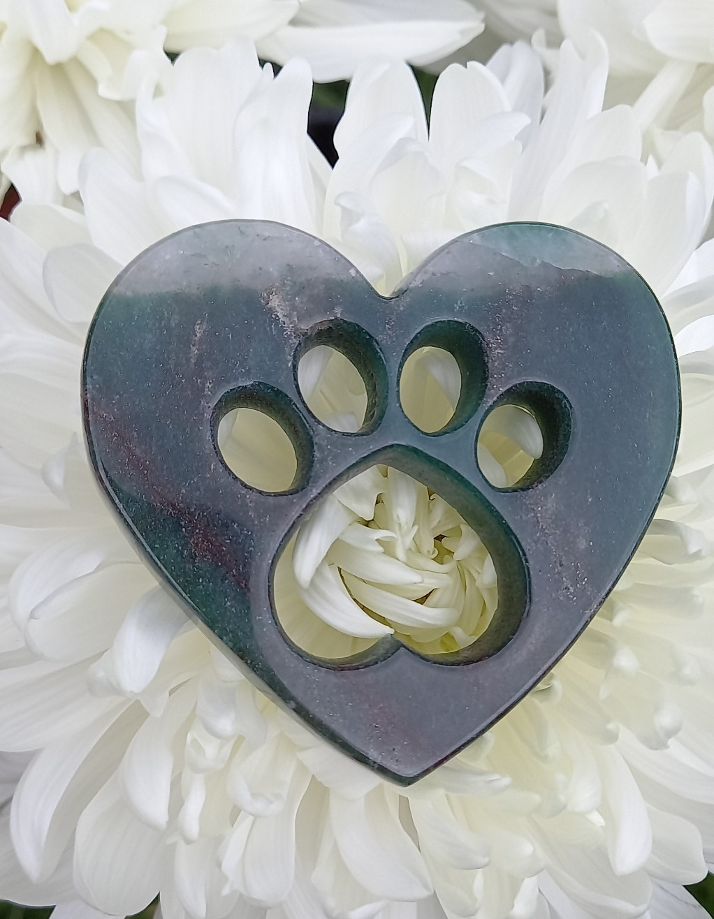 Moss Agate Heart with Paw Print
