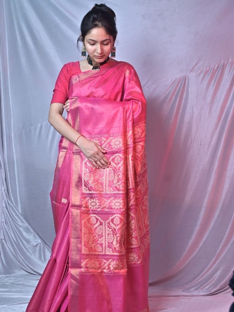 Pink tusser Silk Saree