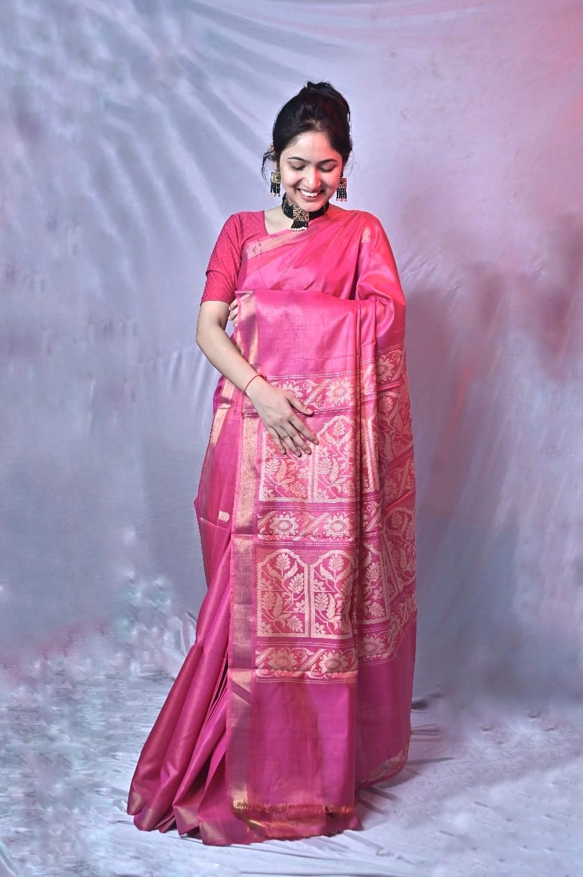 Pink tusser Silk Saree