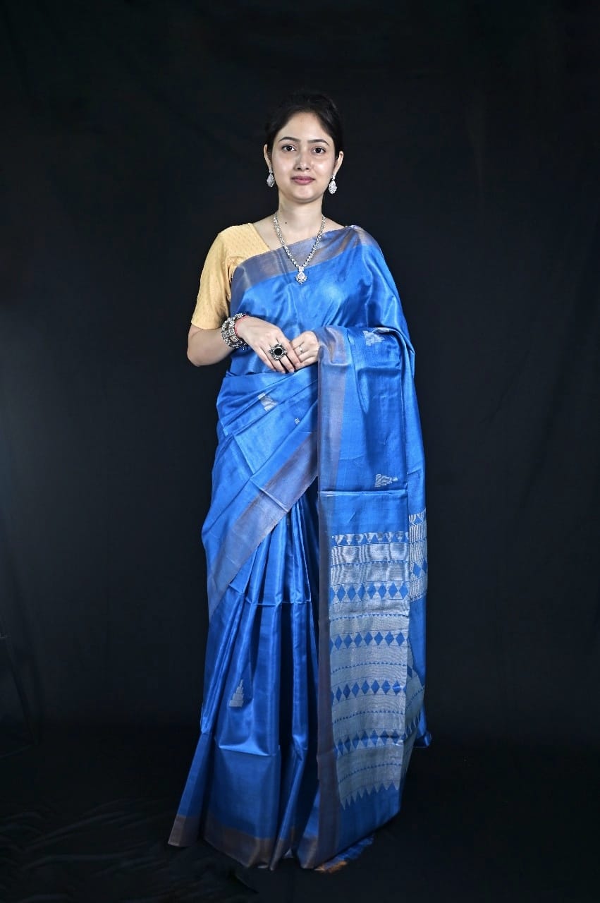 Blue Tussar Silk Saree