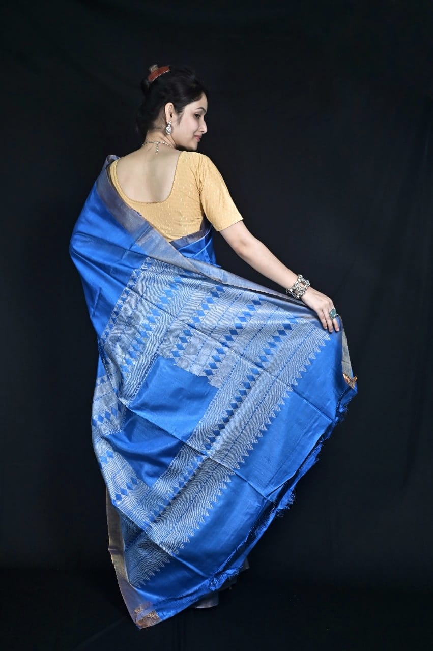 Blue Tussar Silk Saree