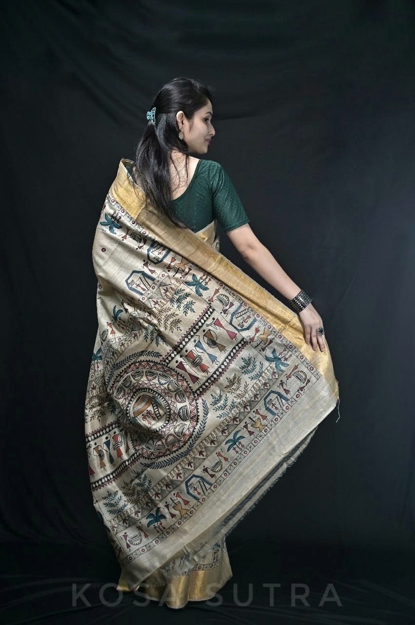 hand printed kosa silk saree