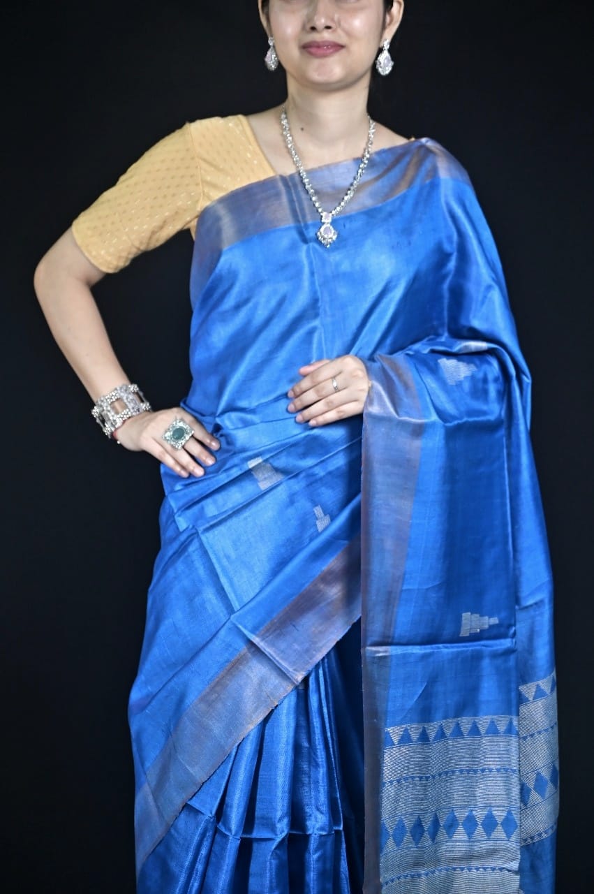 Blue Tussar Silk Saree