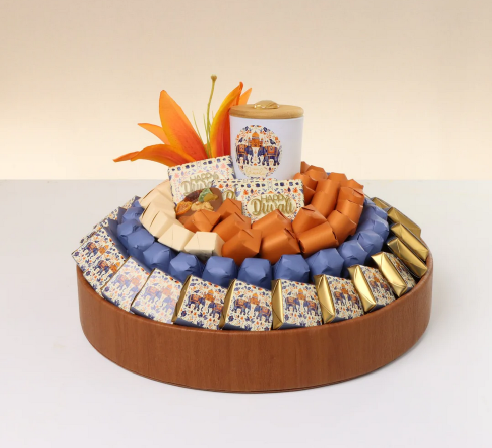Happy diwali majestic elephant designed chocolate round leather tray