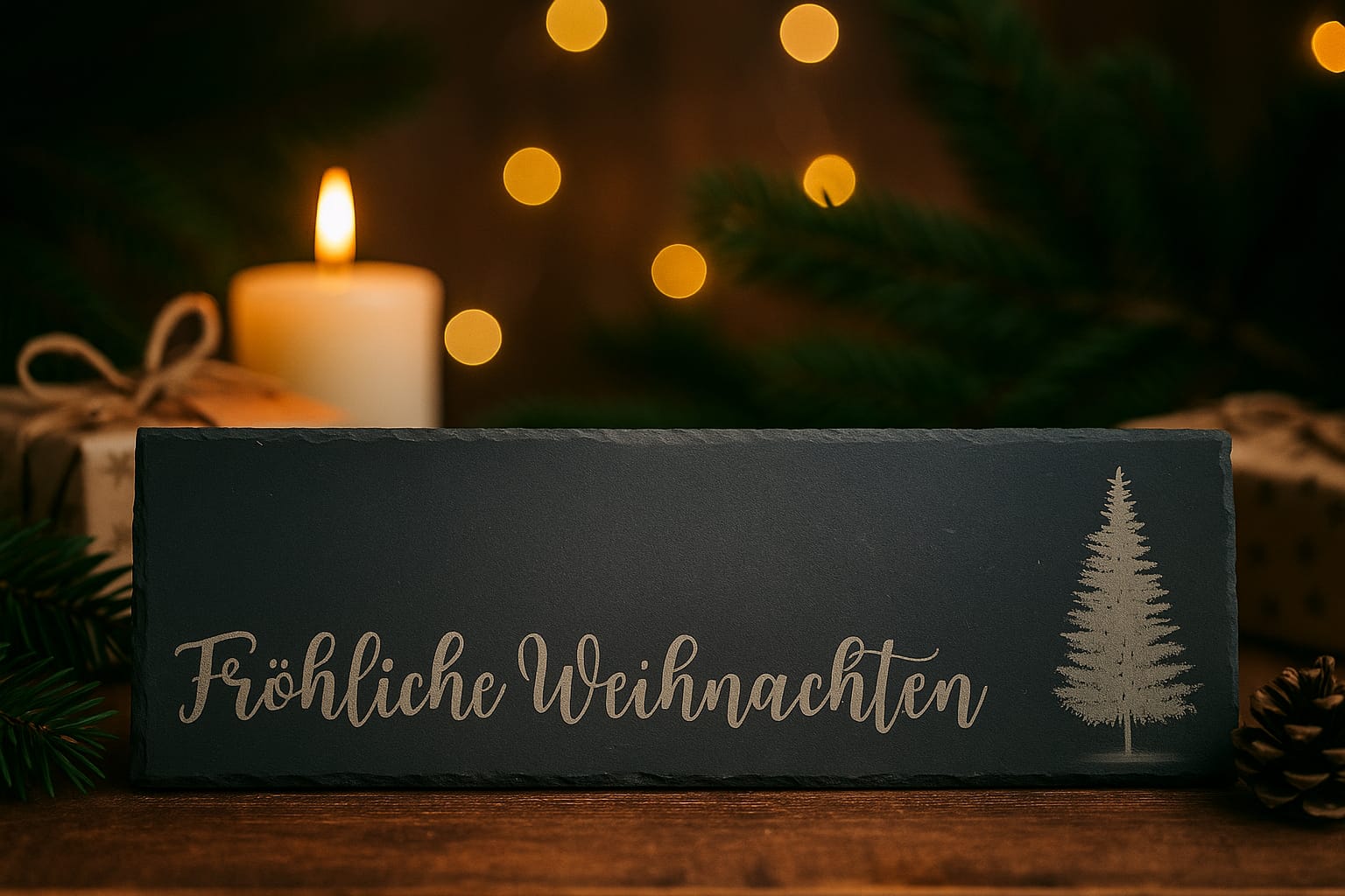 Schiefertafel Weihnachten 30×10 – Gravur „Fröhliche Weihnachten“ mit Tannenbaum