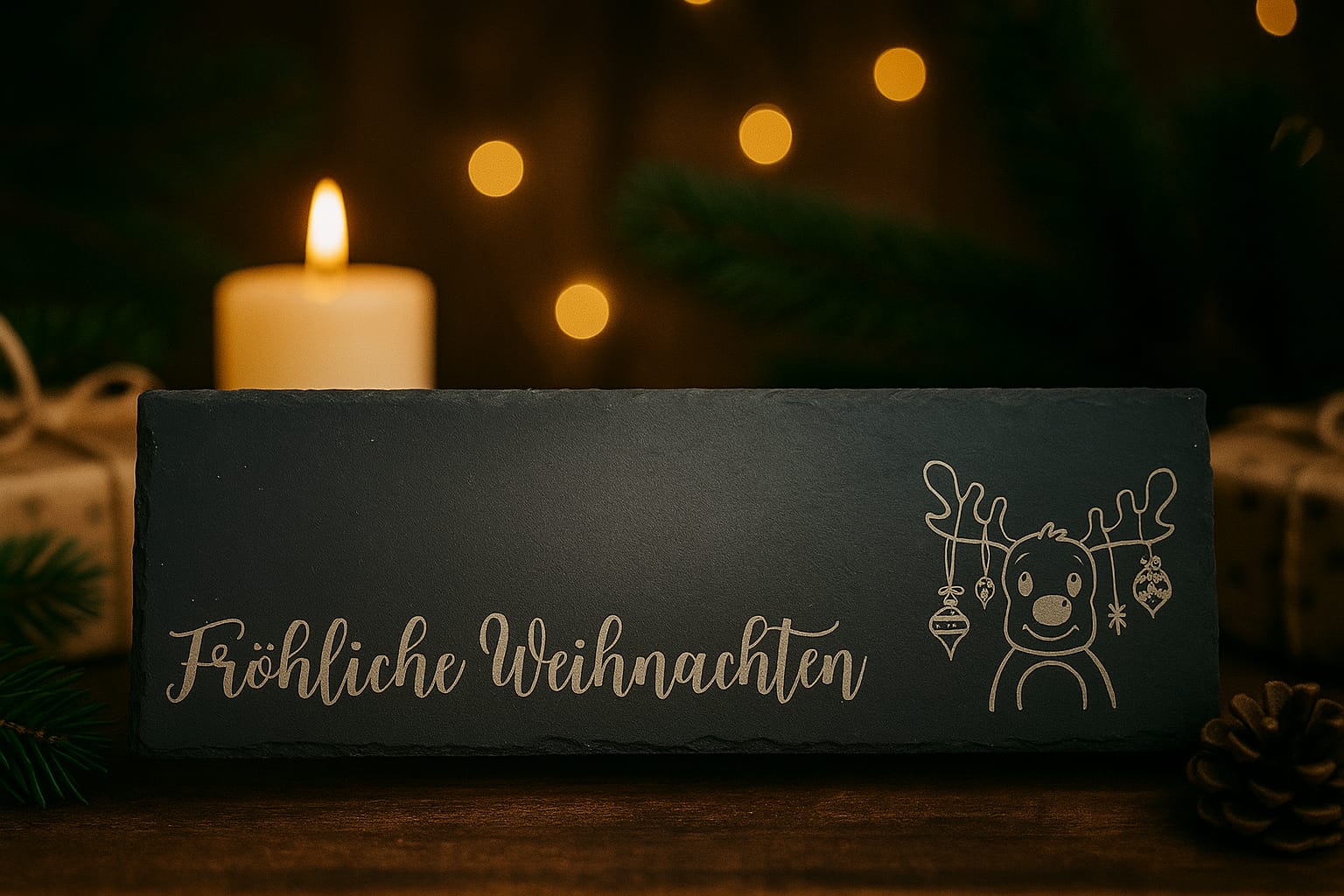 Schiefertafel Weihnachten 30×10 – Gravur „Fröhliche Weihnachten“ mit Rentiermotiv