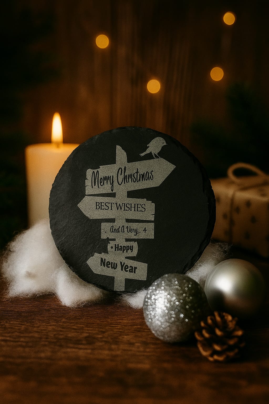 Schiefertafel „Merry Christmas & Happy New Year“ – rund 10 cm