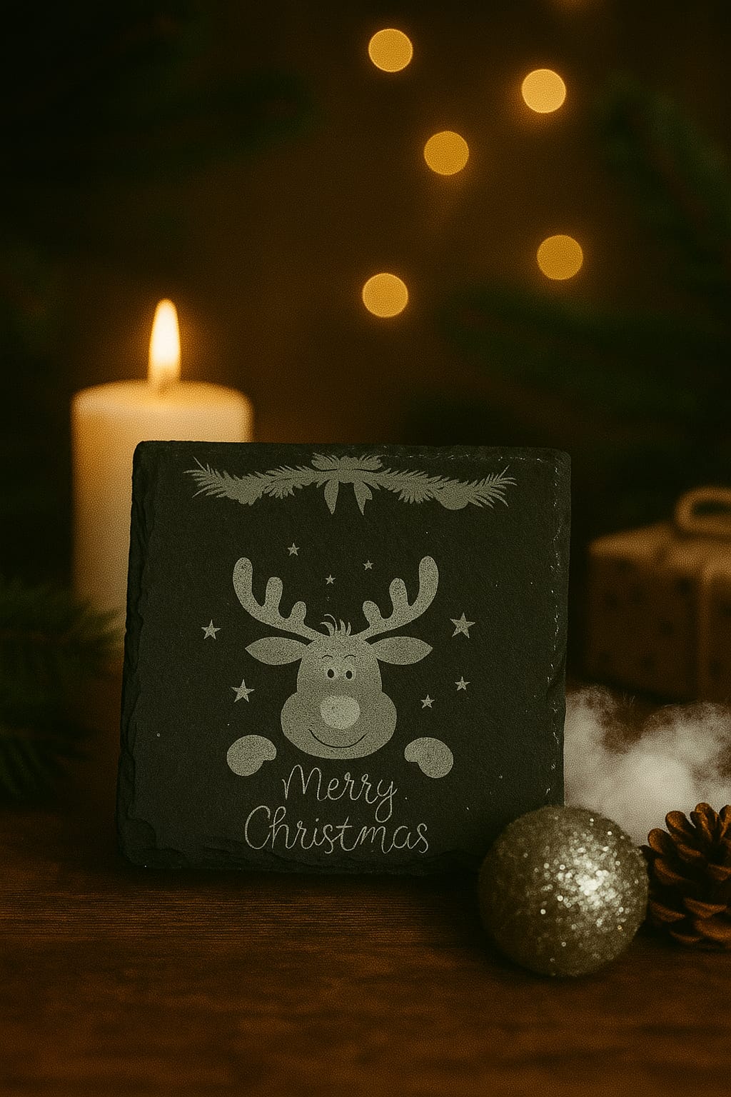 Schiefertafel „Weihnachtsrentier“ – 10 × 10 cm