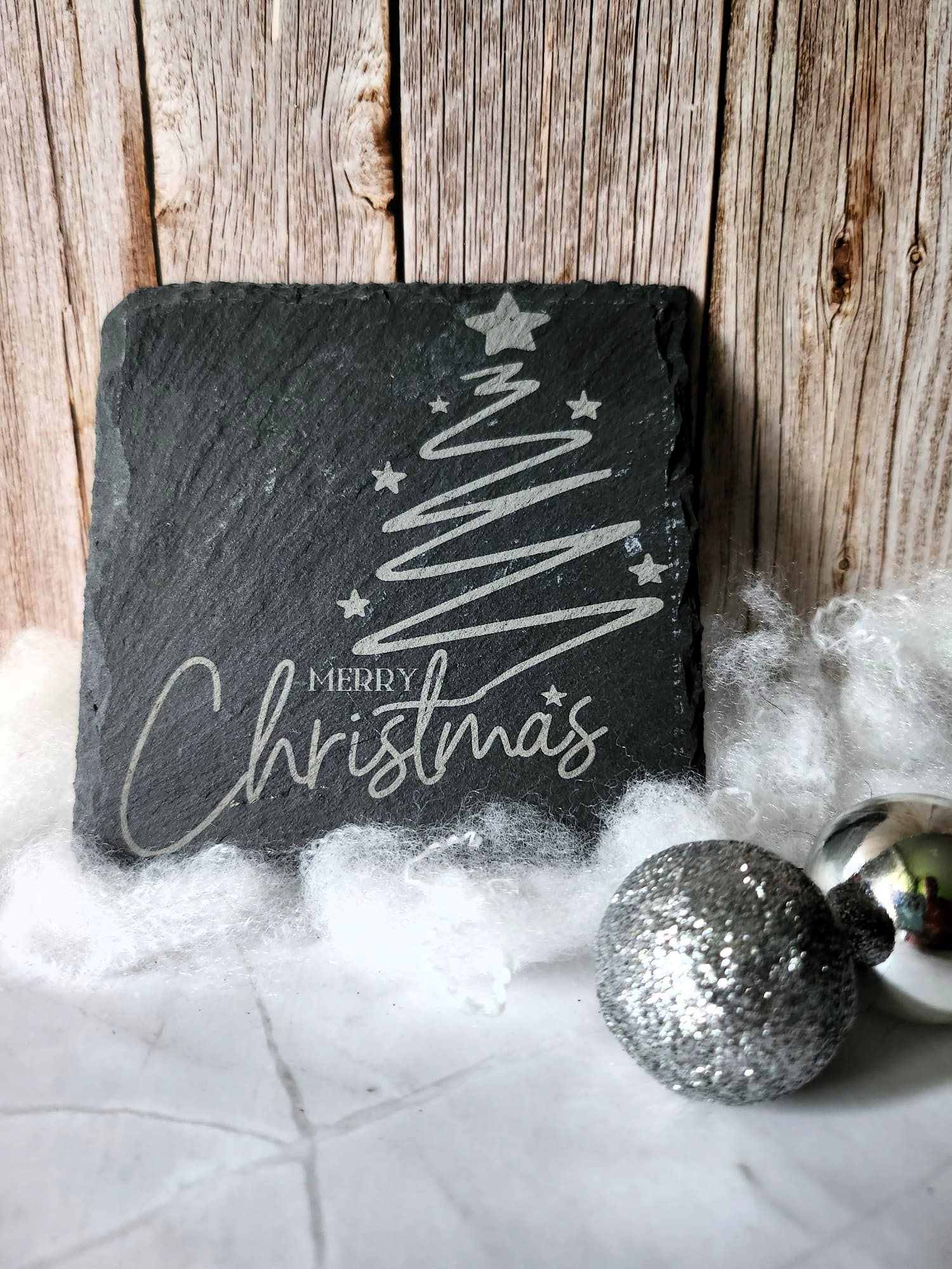 Schiefertafel „Merry Christmas Star Tree“ – 10 × 10 cm