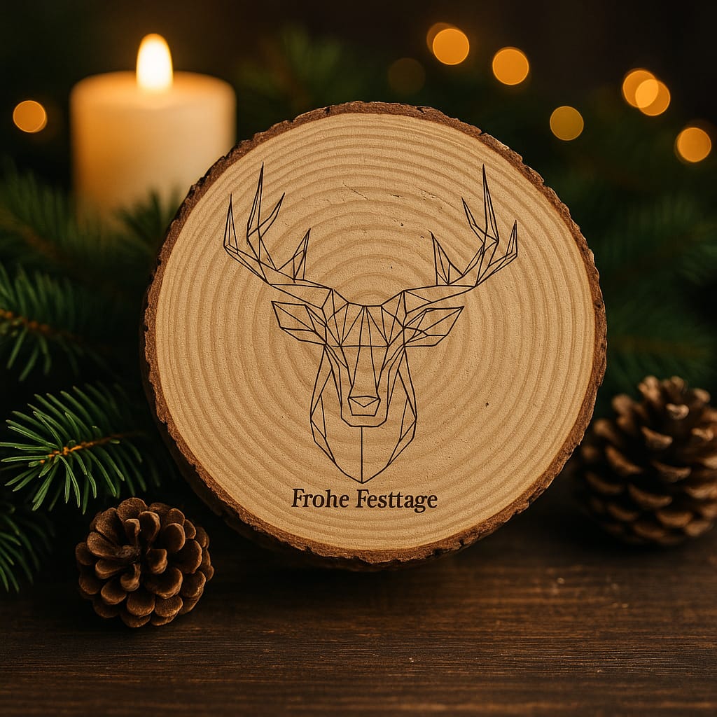 Holzscheibe mit Lasergravur „Geometrischer Hirsch – Frohe Festtage“