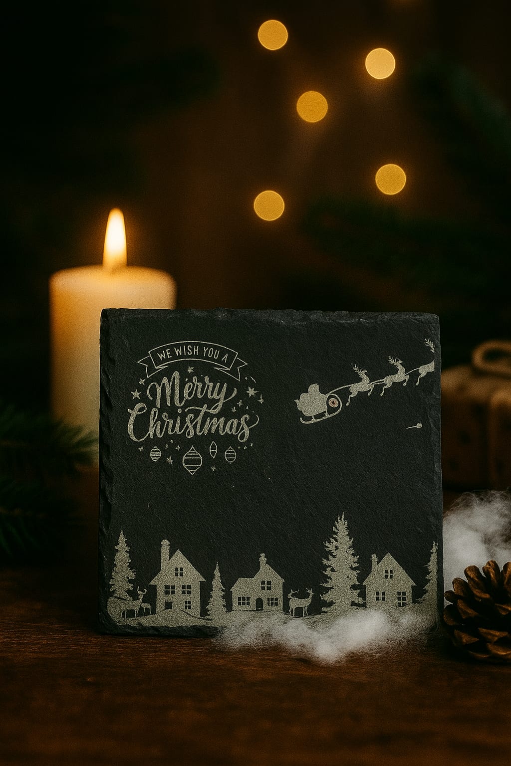 Schiefertafel „Merry Christmas Village“ – 10 × 10 cm