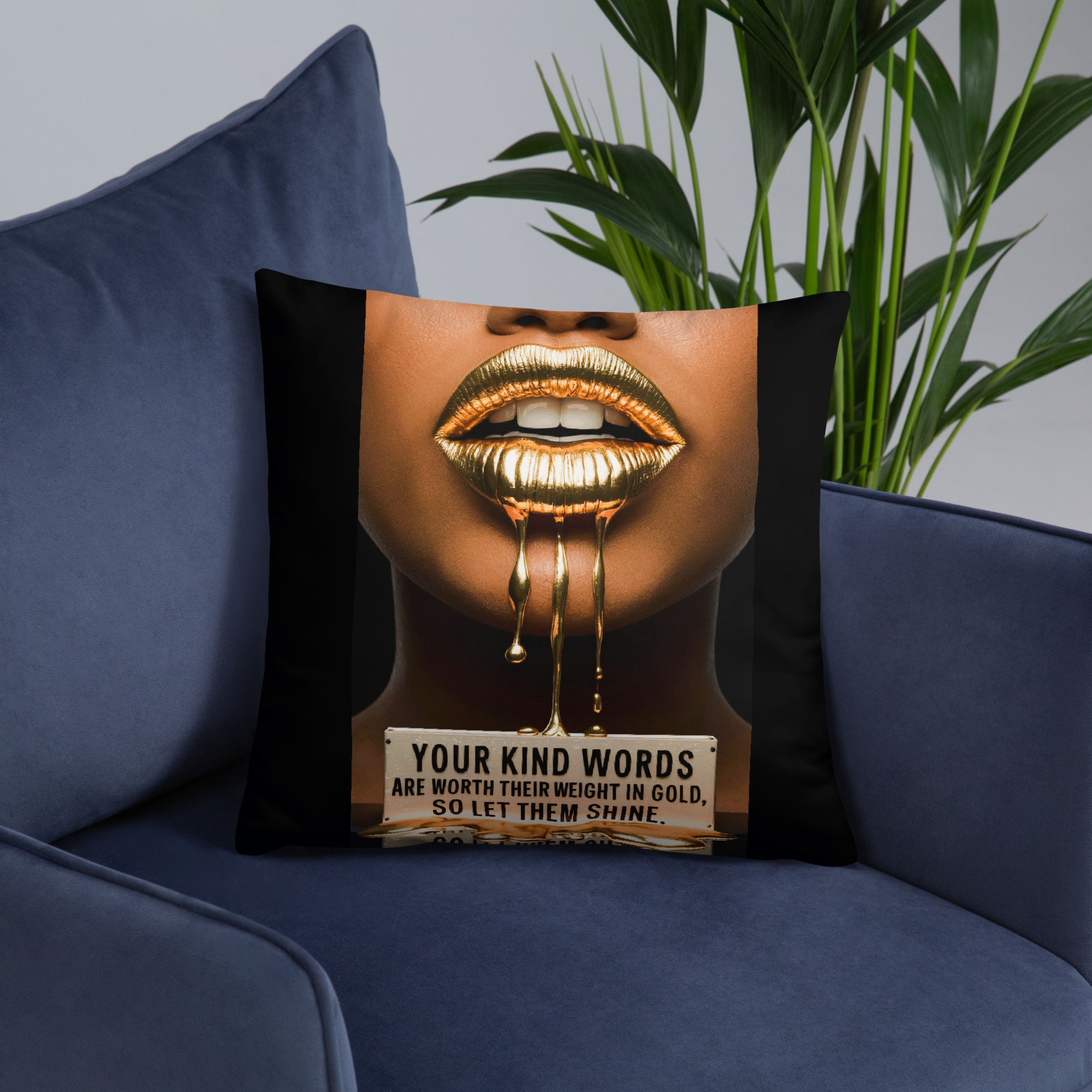 Dekokissen „Gold Lips Statement“ – Hochwertiger Allover-Druck