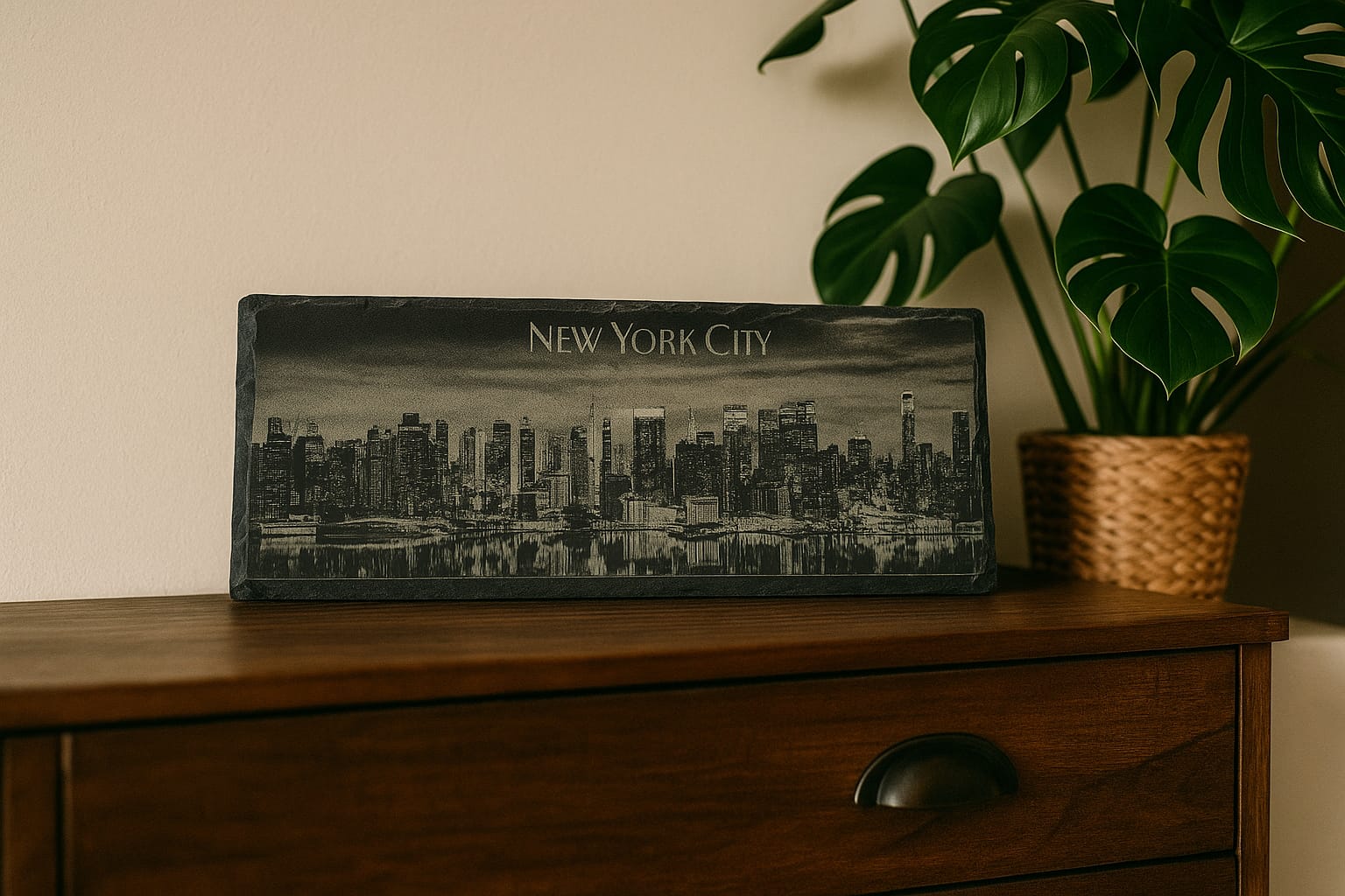 Schiefertafel „New York City Skyline“ – 30×10 Lasergravur