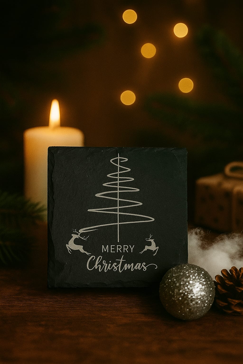 Schiefertafel „Merry Christmas Tree“ – 10 × 10 cm