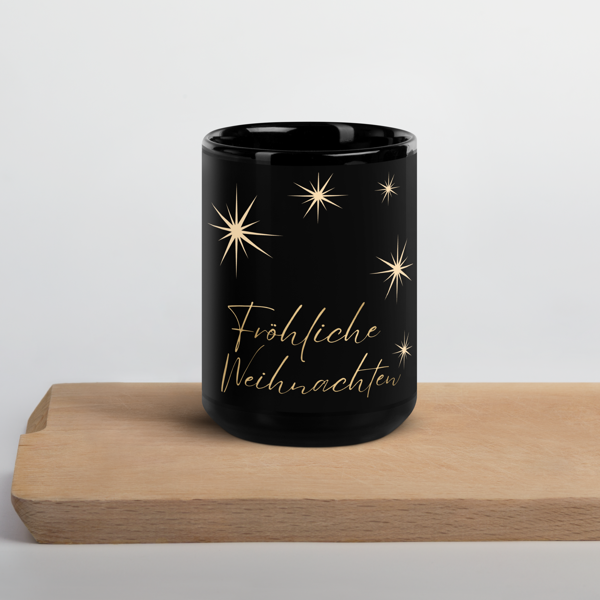 Keramik-Tasse „Fröhliche Weihnachten“ – Schwarz & Gold