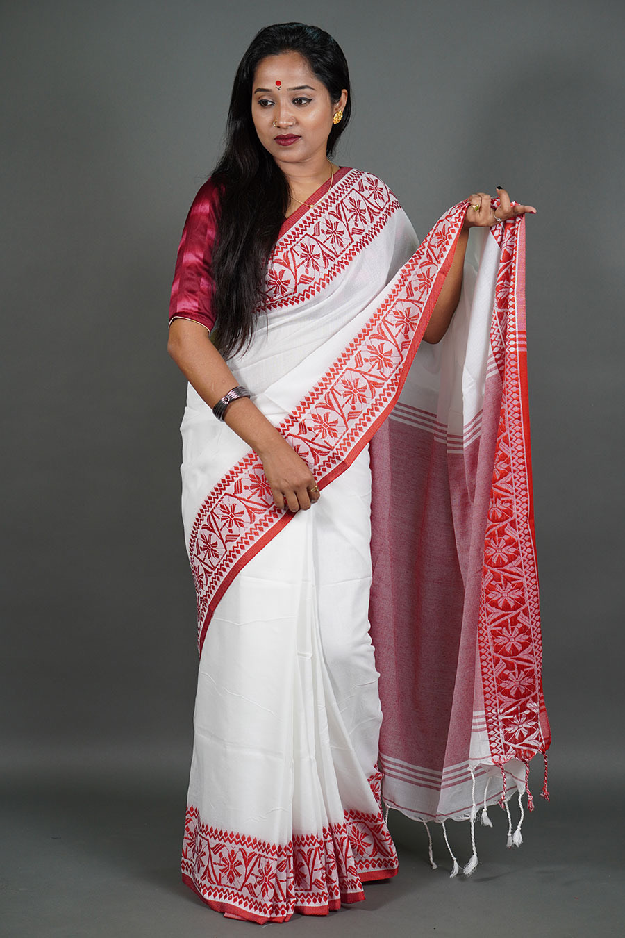 Traditional White and Red Saree