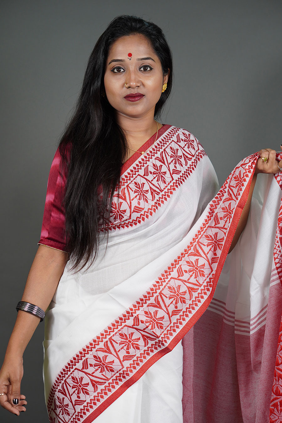 Traditional White and Red Saree