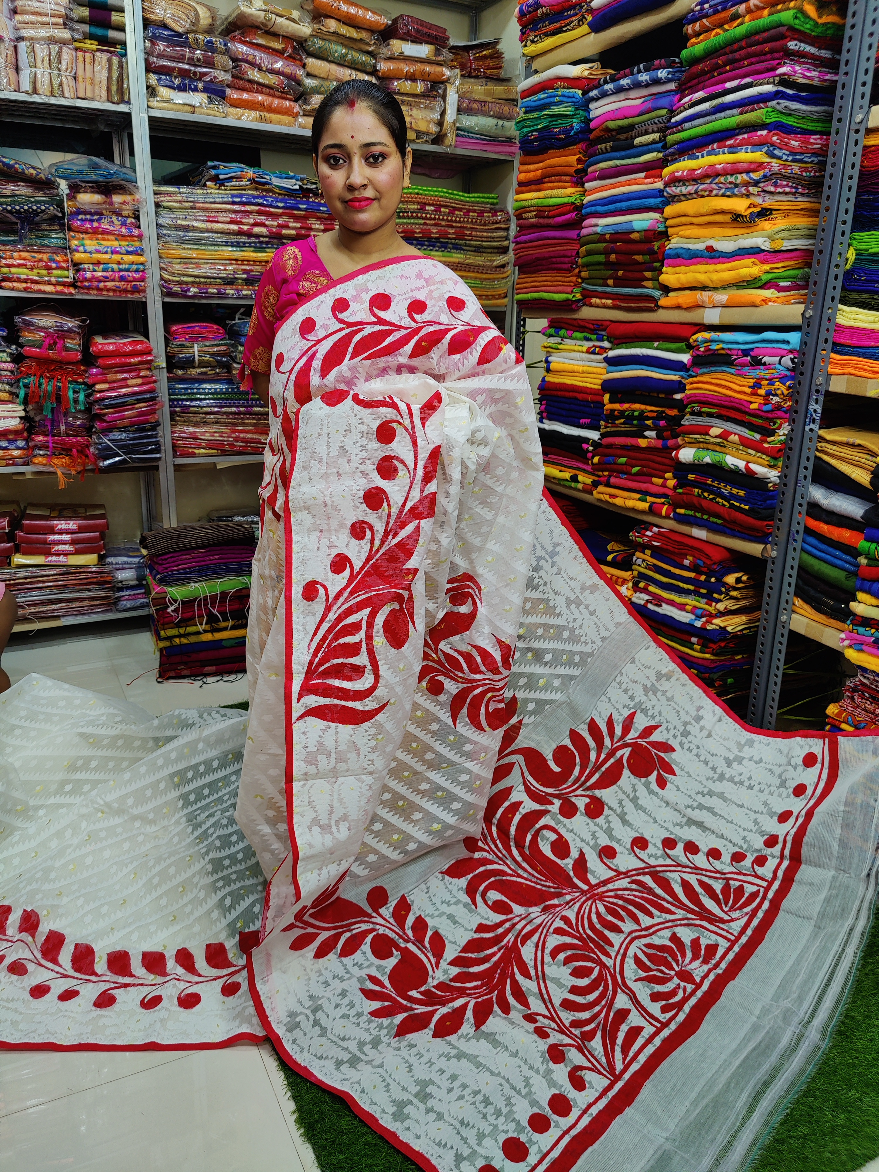 White and Red Hand Printed  Saree