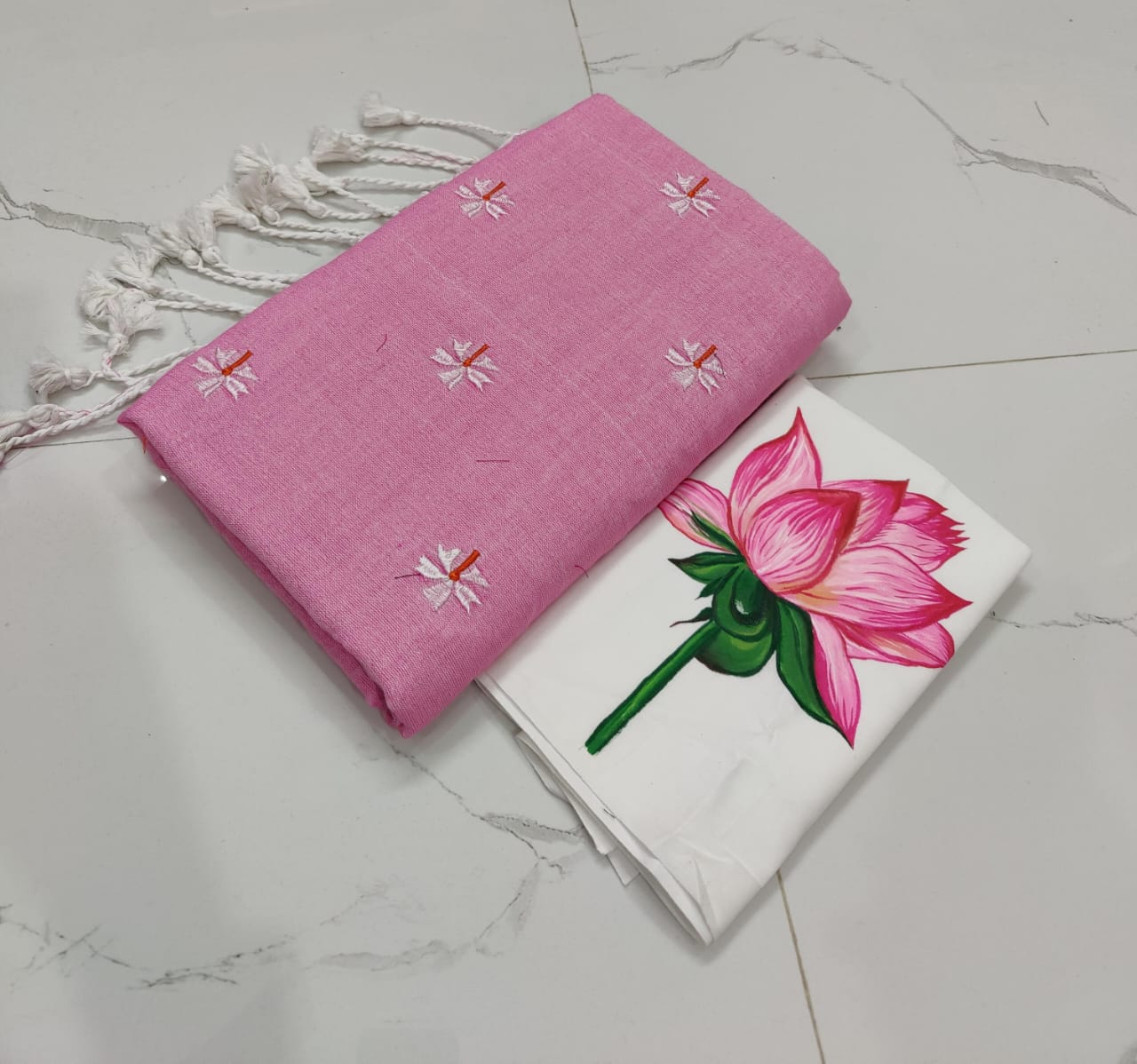 Pink Embroidered Stole with White Lotus Print Scarf