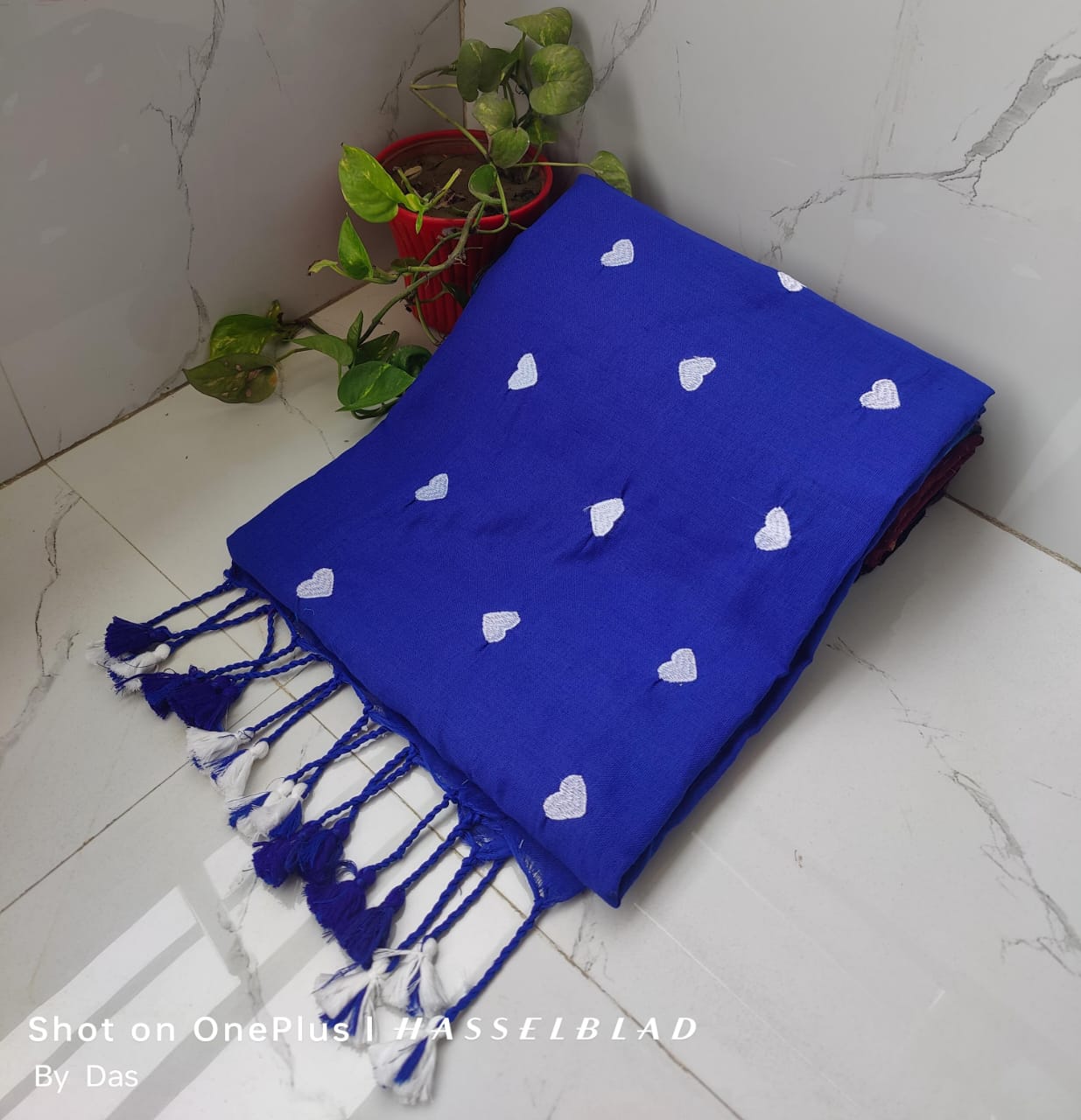 Blue Scarf with White Hearts