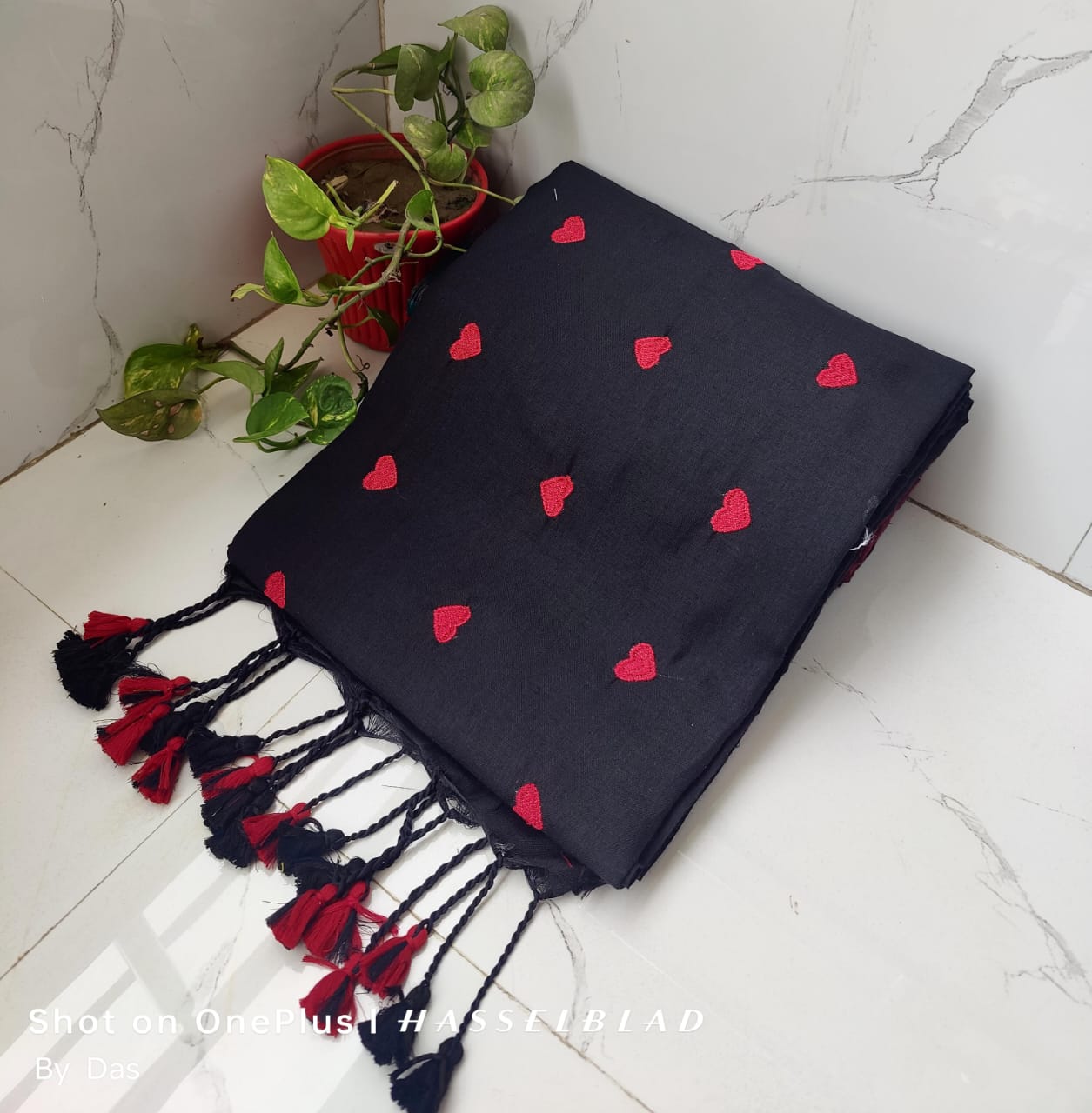 Black Stole with Red Heart Embroidery