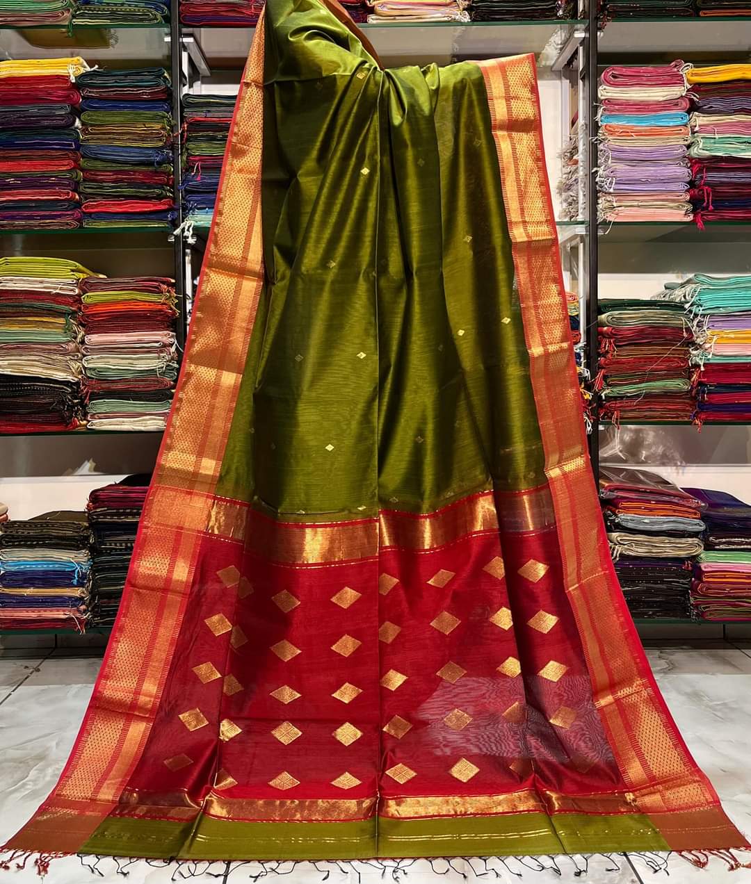 Green and Red Silk Saree