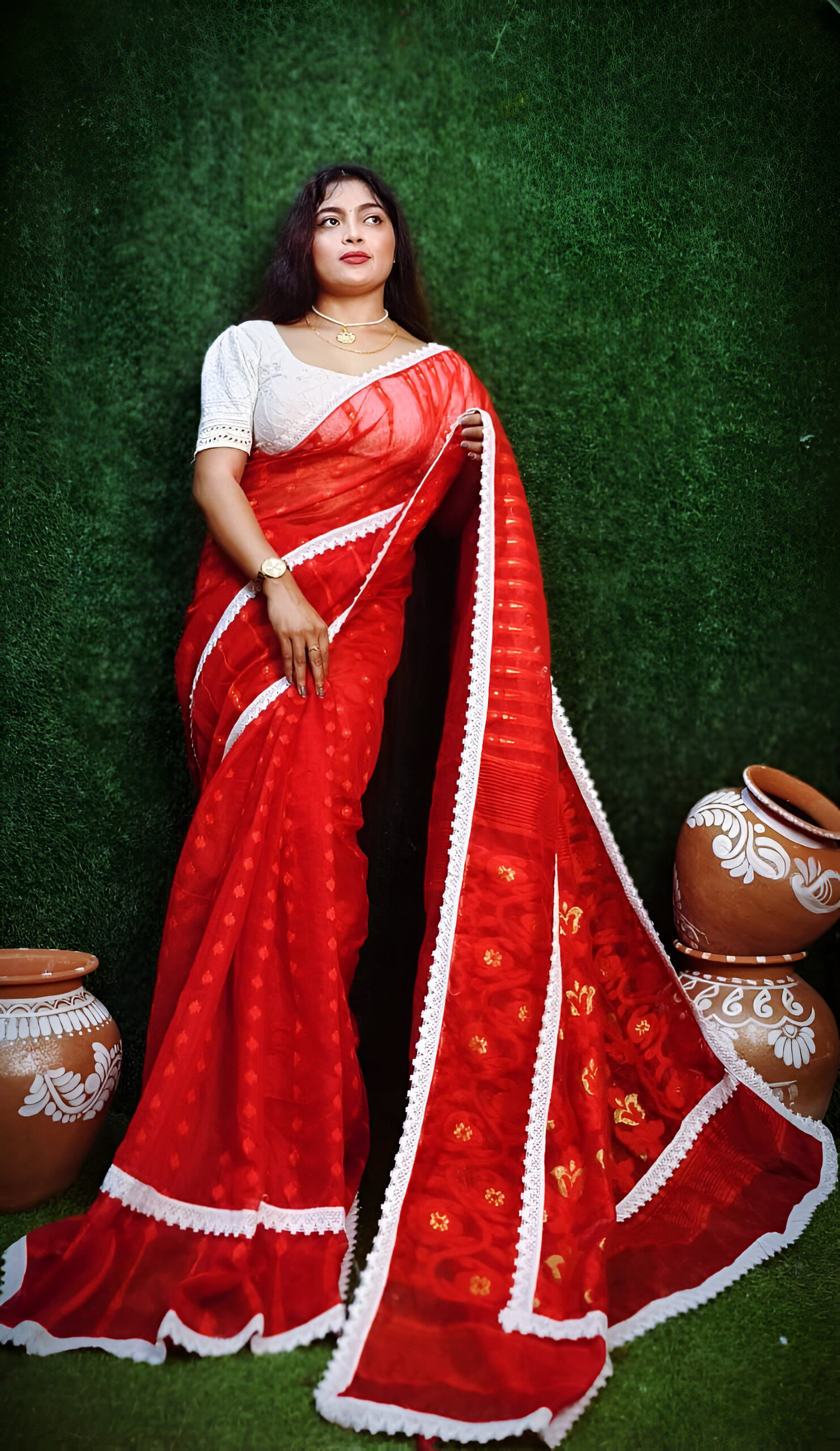 Red Traditional Jamdani Saree