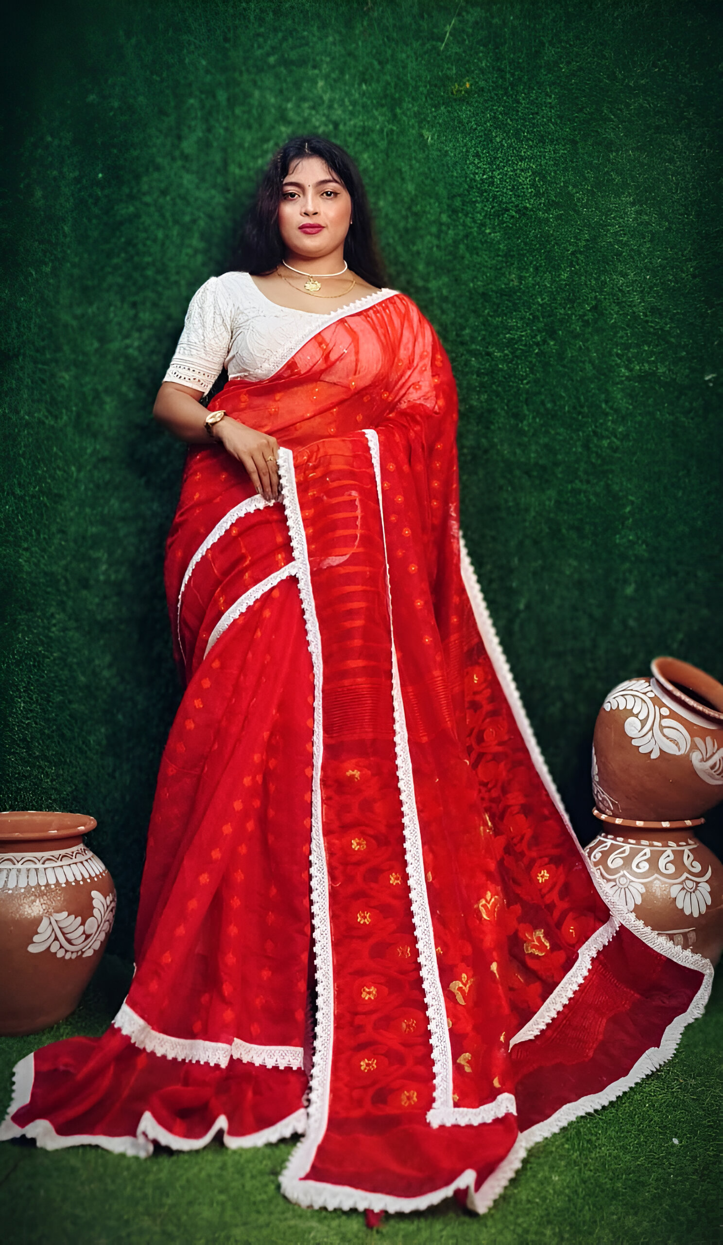 Red Traditional Jamdani Saree