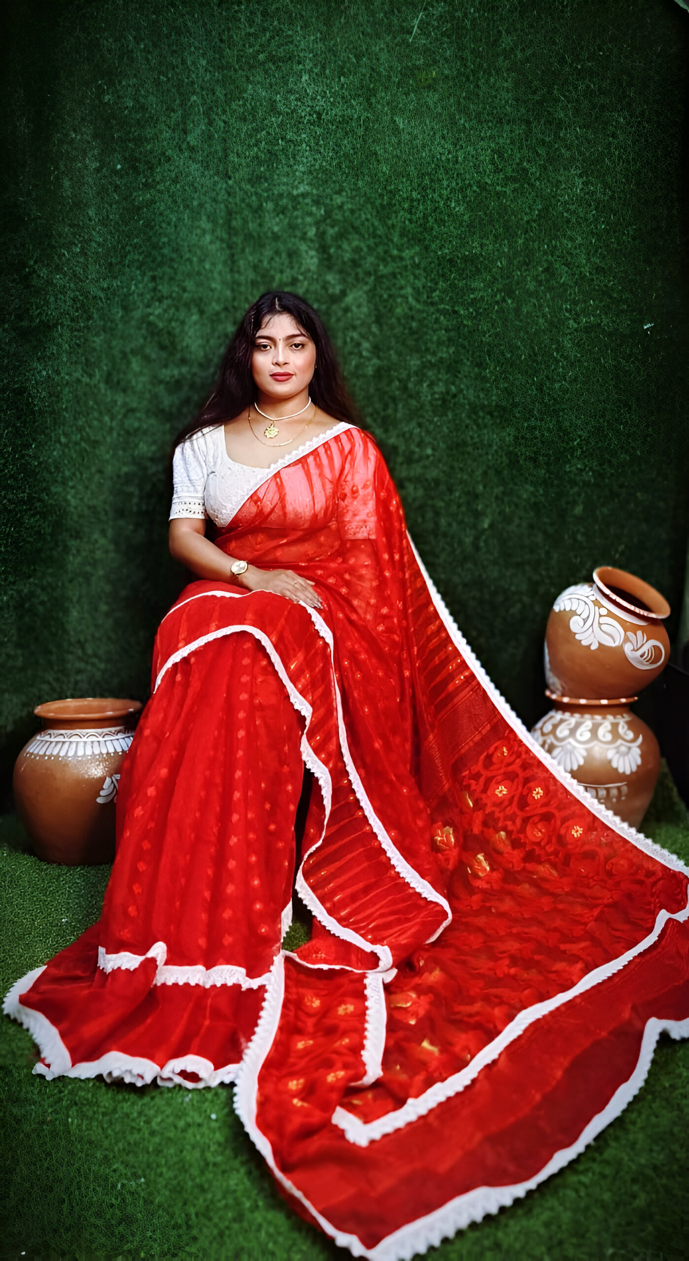 Red Traditional Jamdani Saree