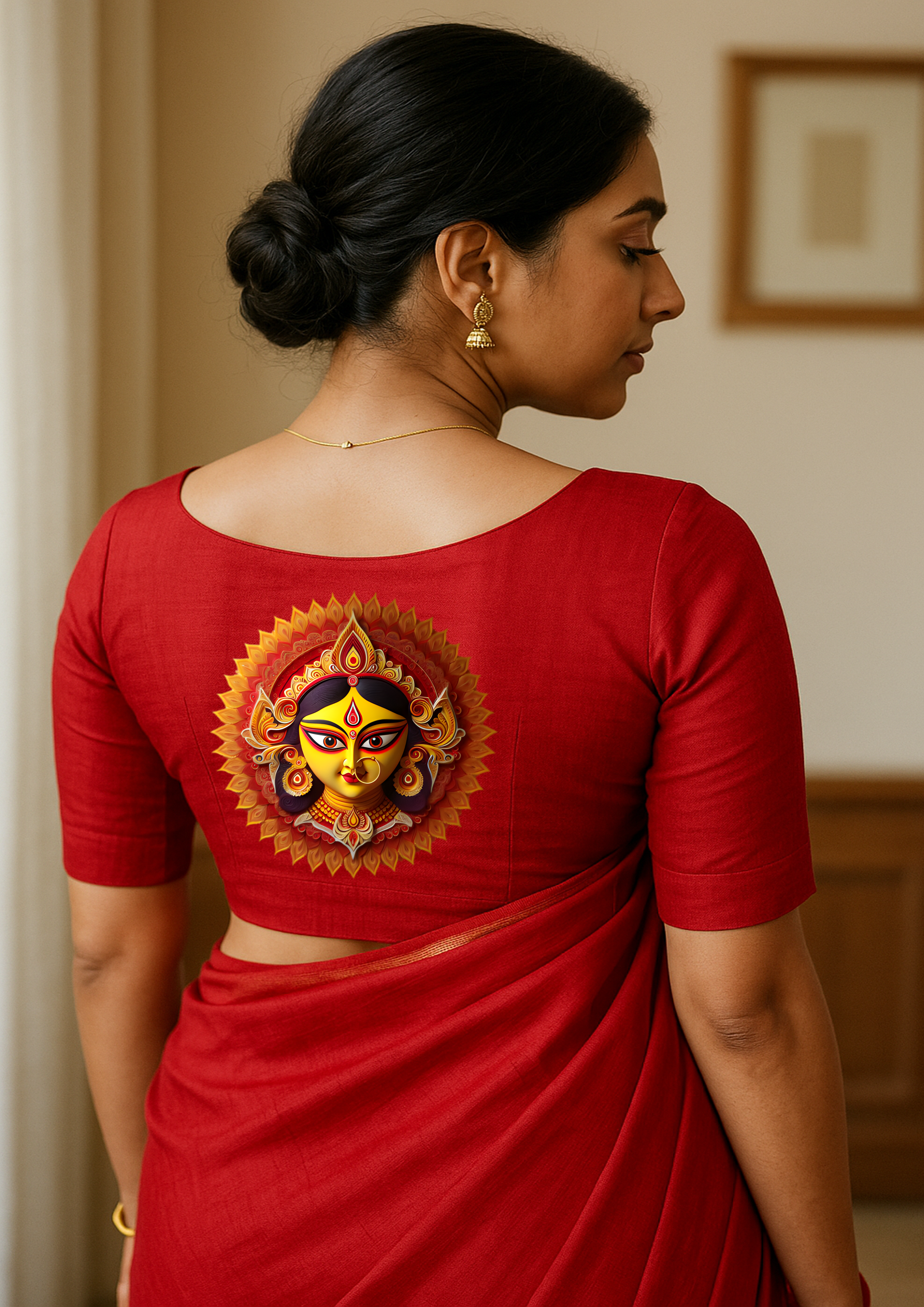 Red Saree with Goddess Durga Motif Blouse