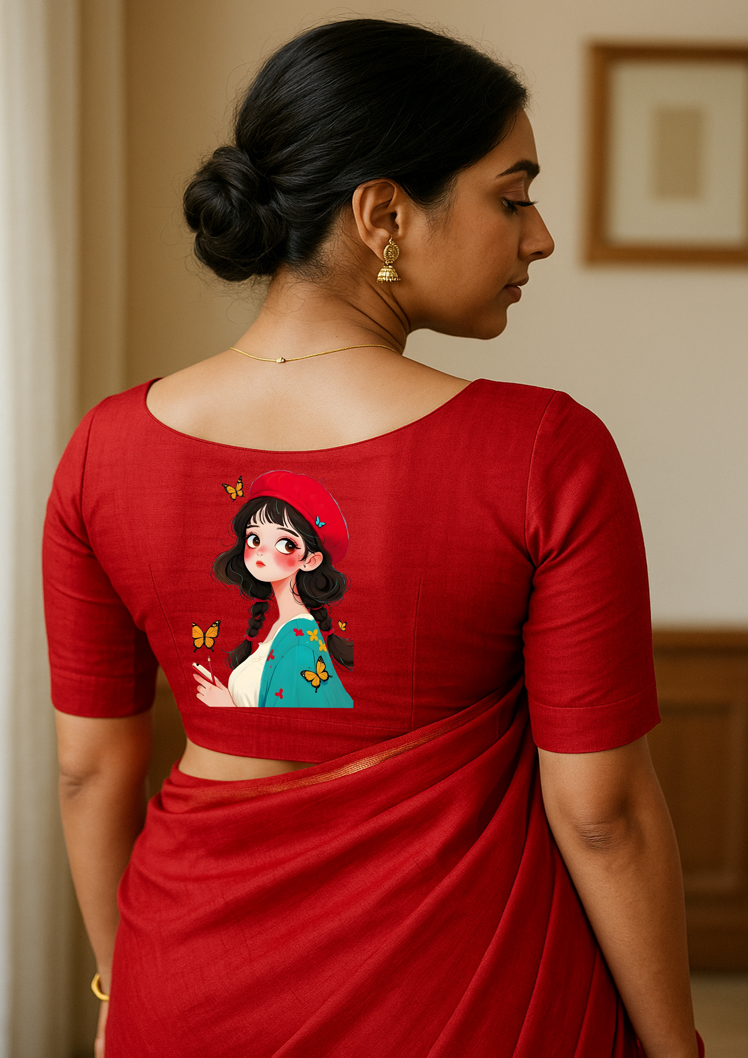 Red Saree with Artistic Back Blouse