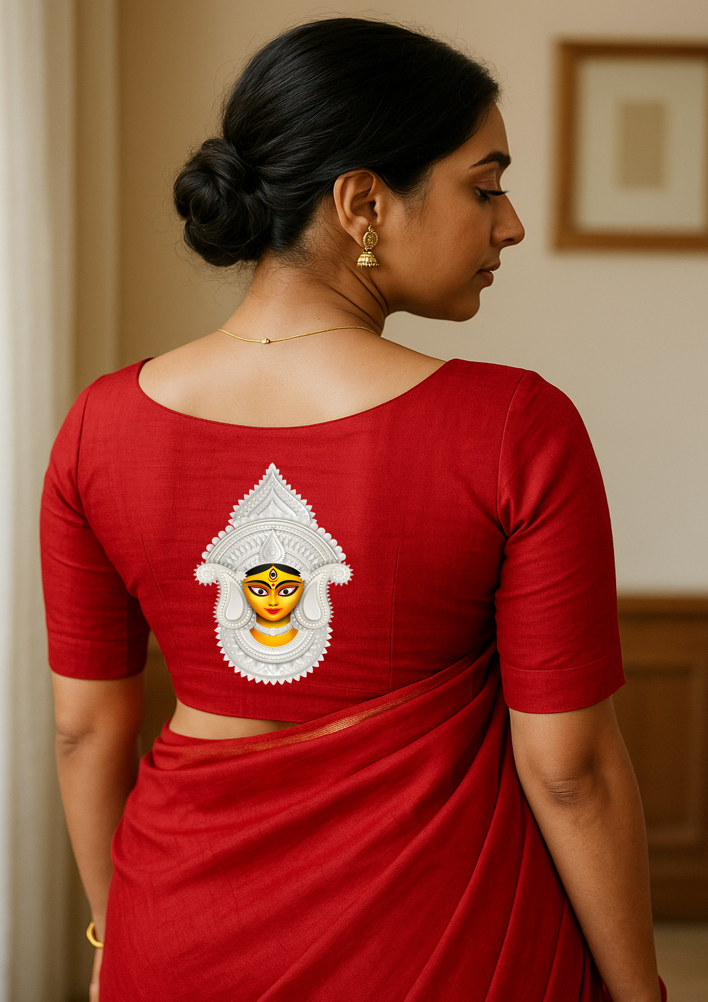 Red Saree with Durga Motif Blouse