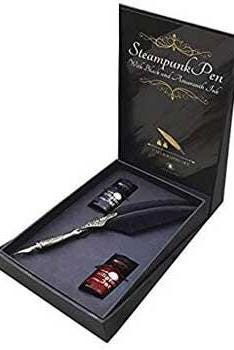 Steampunk Calligraphy Pen Set: Black & Amaranth Ink, Engraved Quill