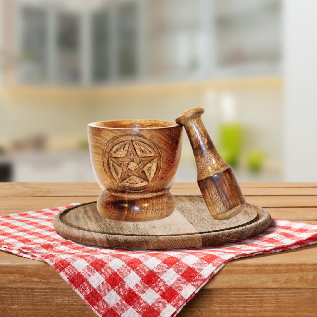 Wooden Pentagram Mortar and Pestle Set: Witchy Herb Grinder