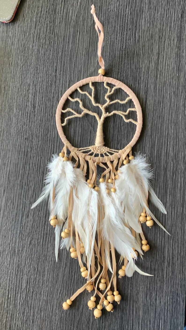 Tree of Life Dream Catcher: White Feathers, Wooden Beads (4.5")