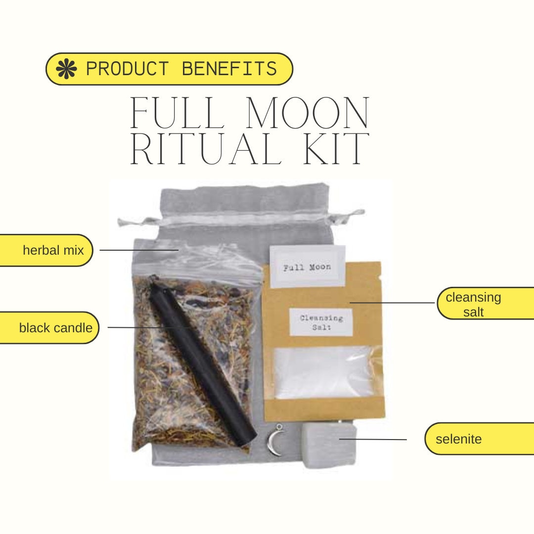 Full Moon Ritual Kit: Herbal Spell Mix, Selenite, Black Candle