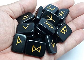 Black Tourmaline rune set, Crystal Rune Stones Set Elder futhark Viking Gemstone Reiki Healing Golden Engraved Runic Alphabets, Unique runes