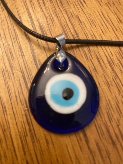Turkish Evil Eye Necklace: Blue Glass Teardrop Pendant, Leather Cord