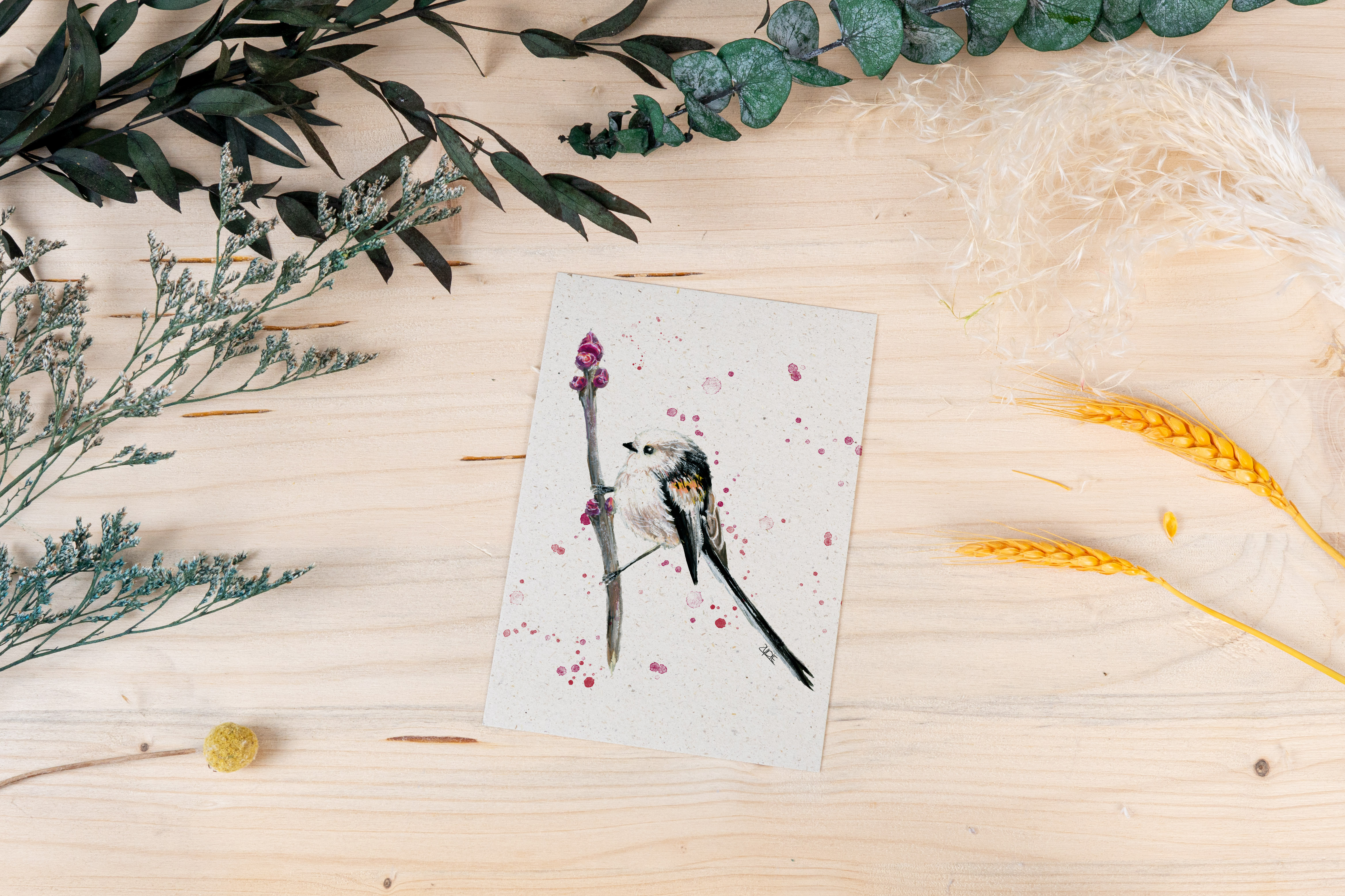 Grußkarte "Schwanzmeise mit Blütenknospe"
