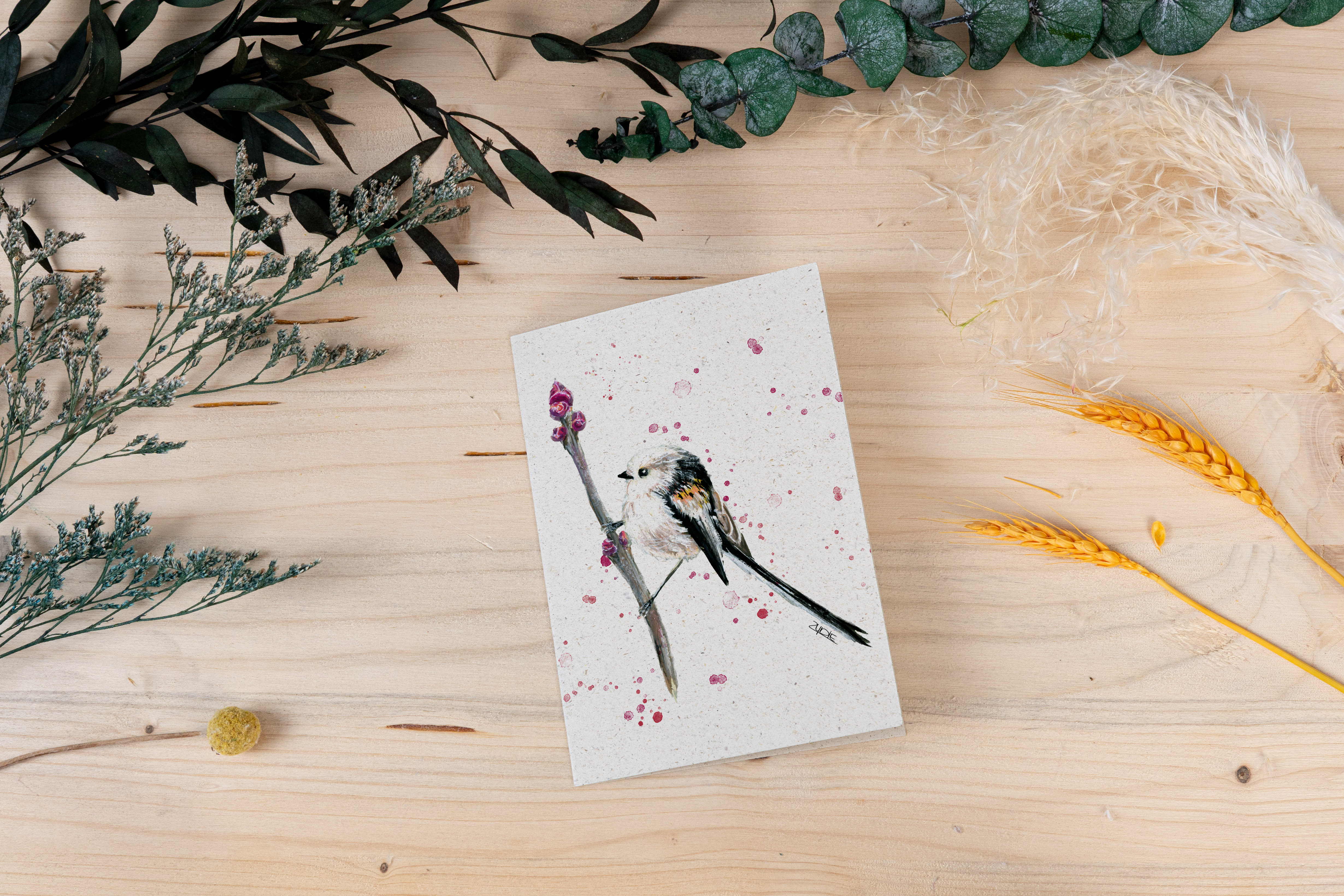 Grußkarte "Schwanzmeise mit Blütenknospe"