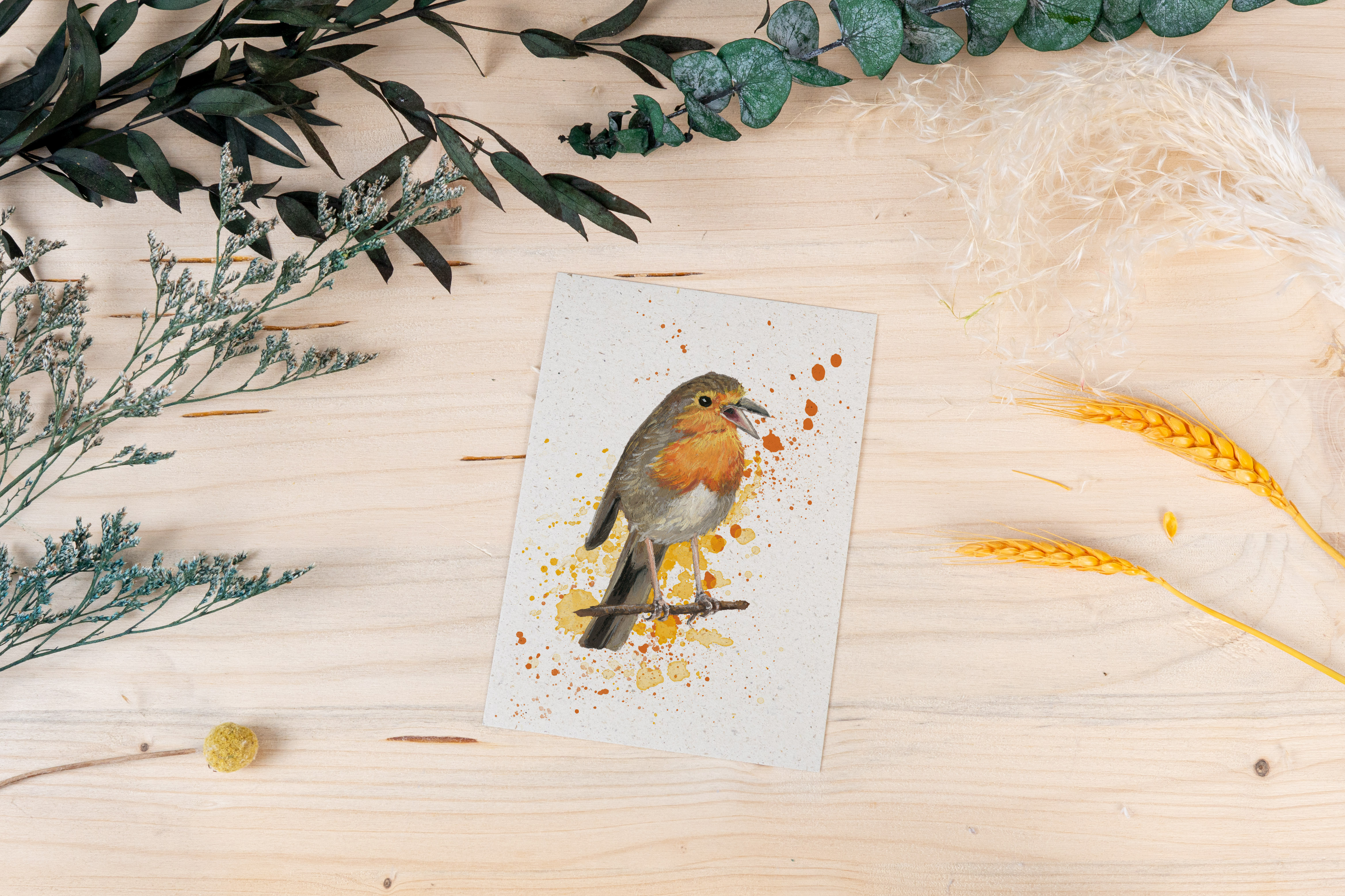 Grußkarte „Rotkehlchen - Frühlingsbote in Orange und Gold“