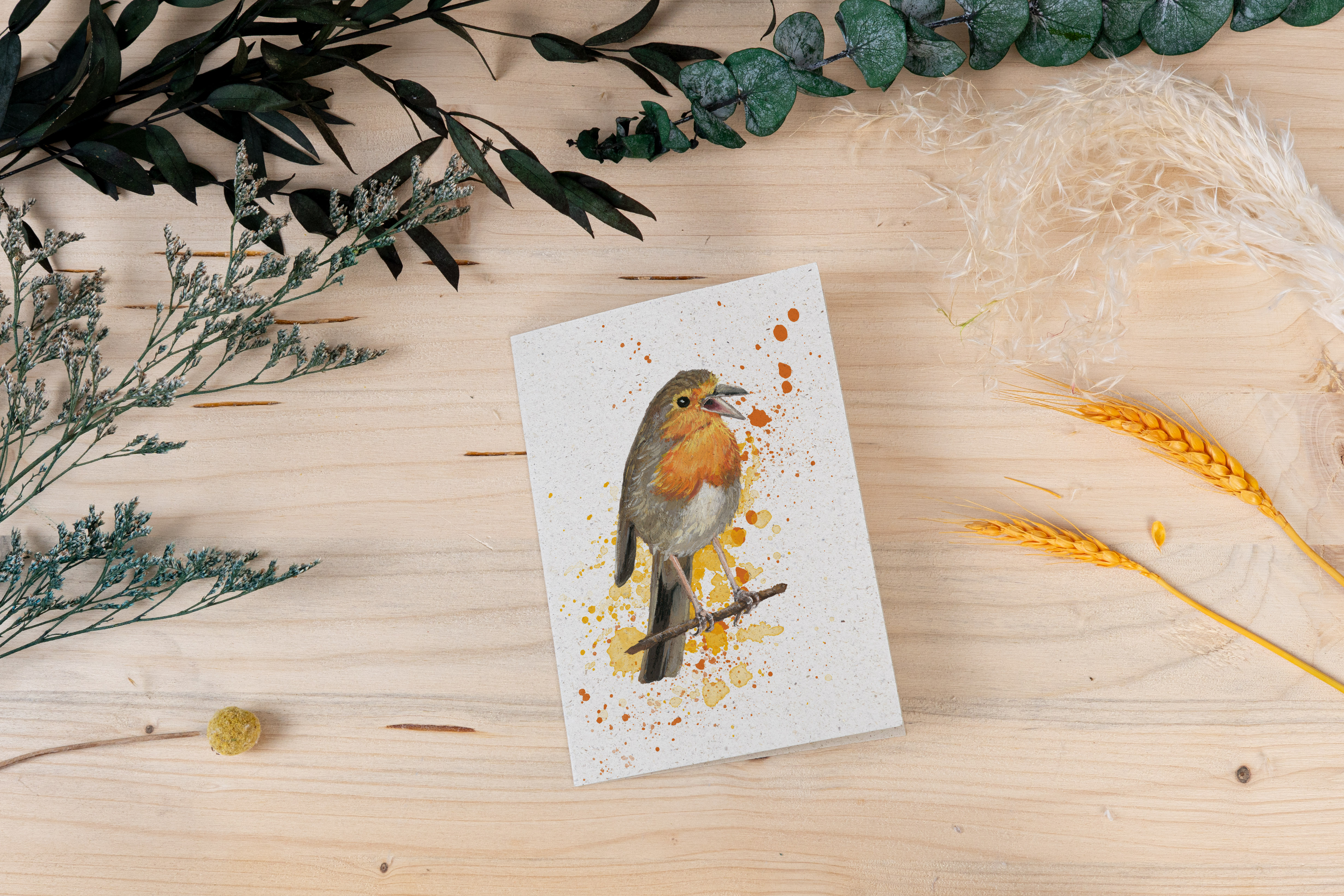 Grußkarte „Rotkehlchen - Frühlingsbote in Orange und Gold“