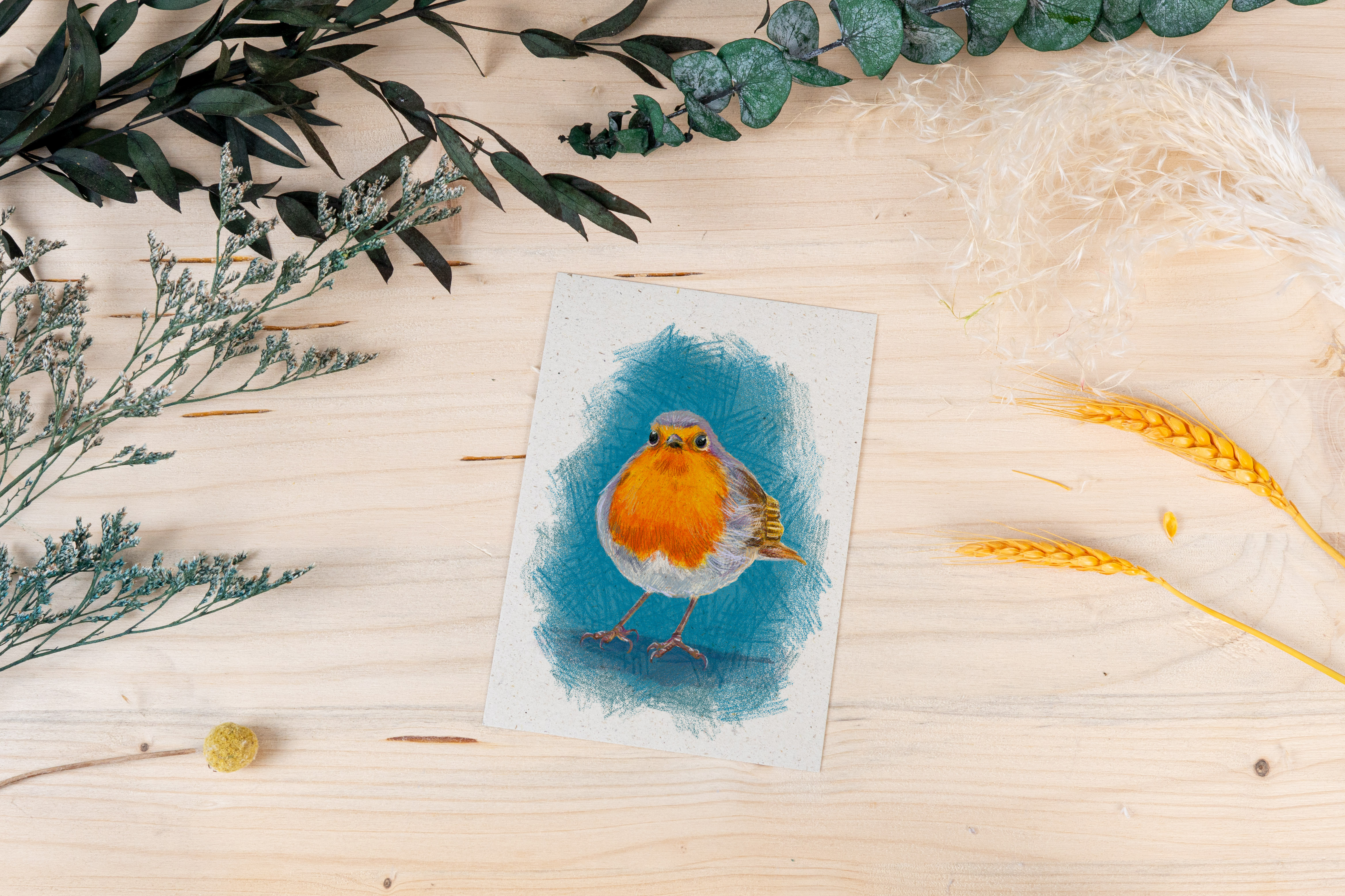 Grußkarte „Rotkehlchen im Buntstiftstil – frech & charmant“