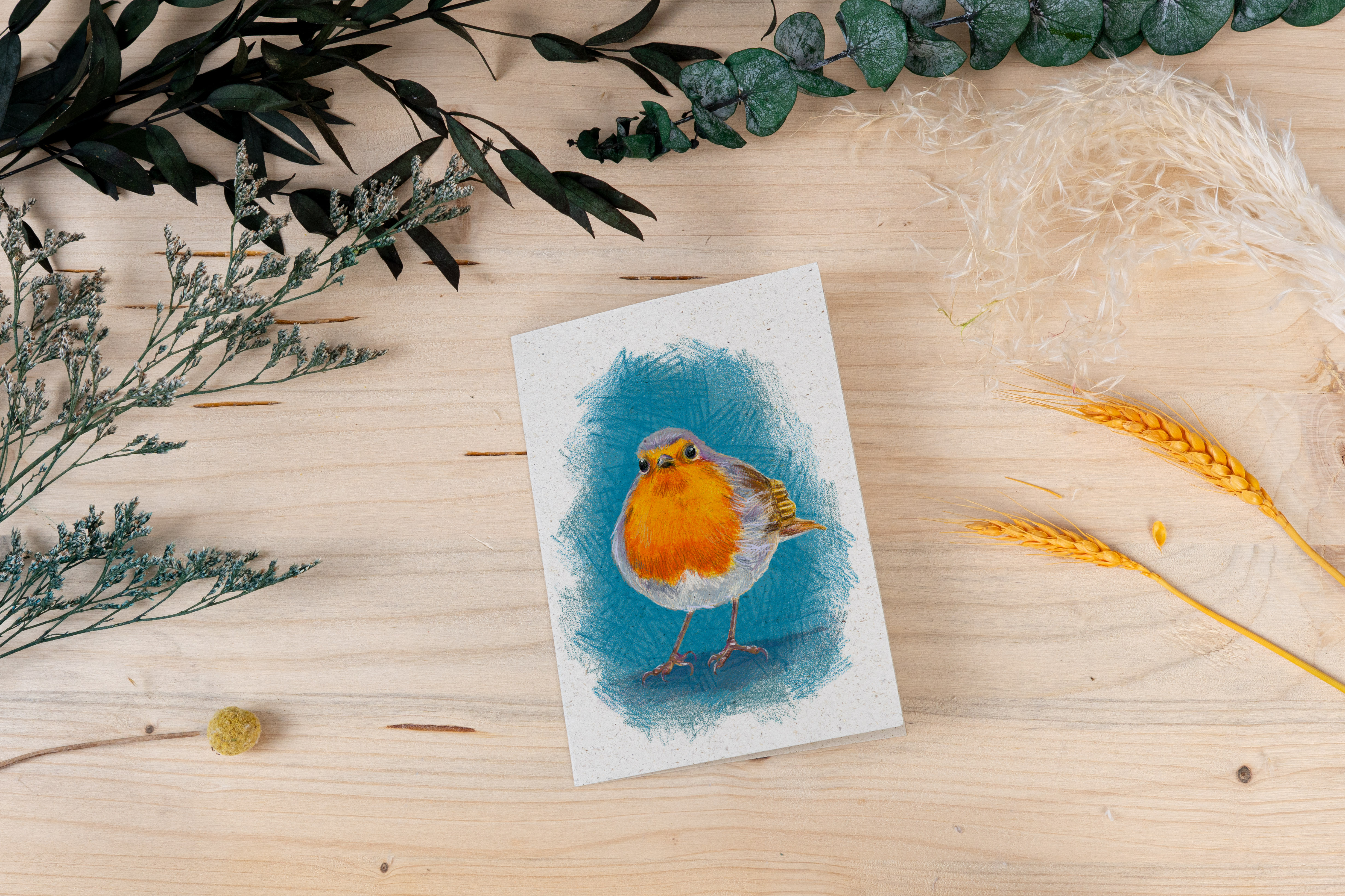 Grußkarte „Rotkehlchen im Buntstiftstil – frech & charmant“