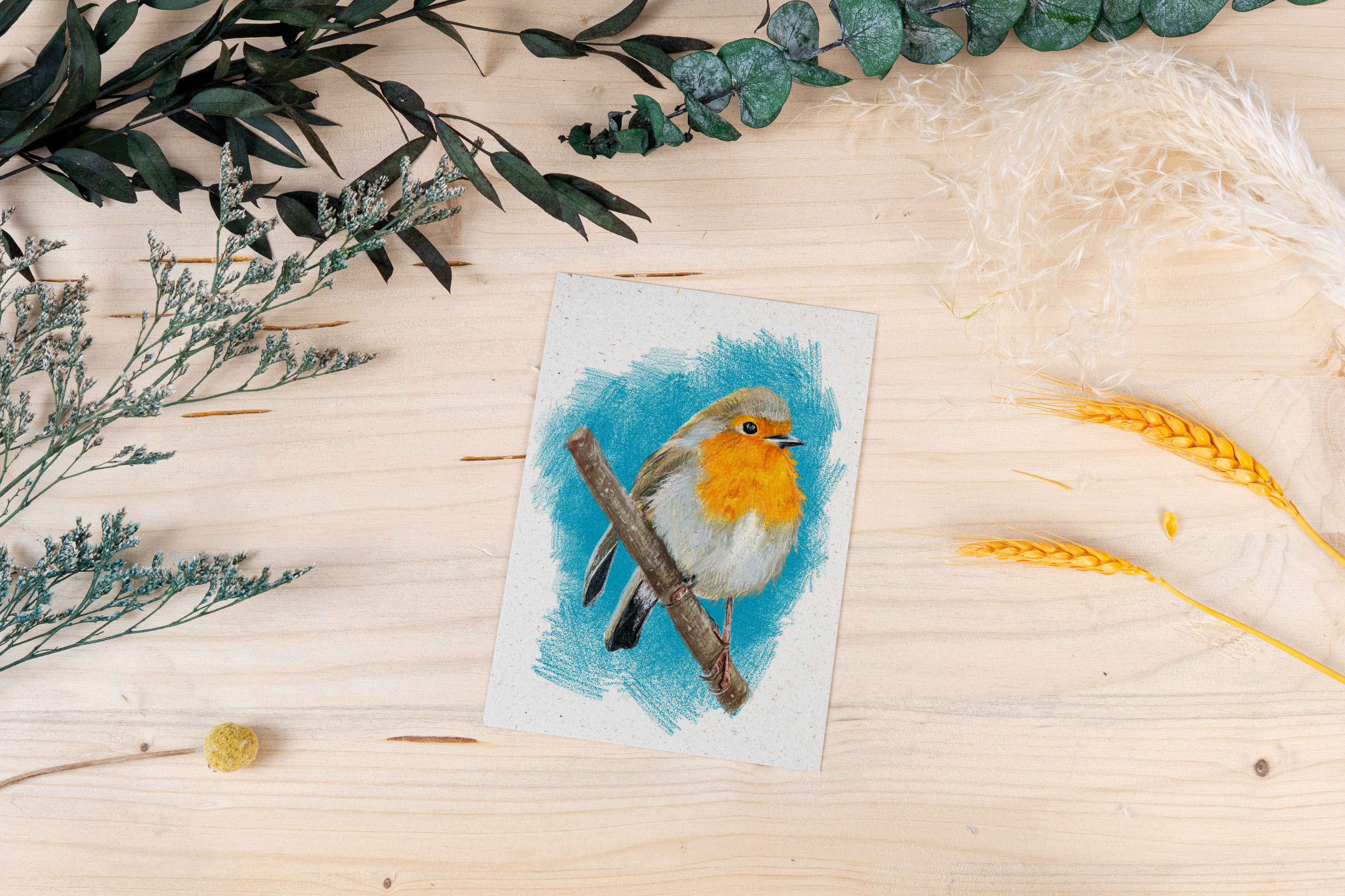 Grußkarte „Rotkehlchen im Buntstiftstil – frech & charmant“