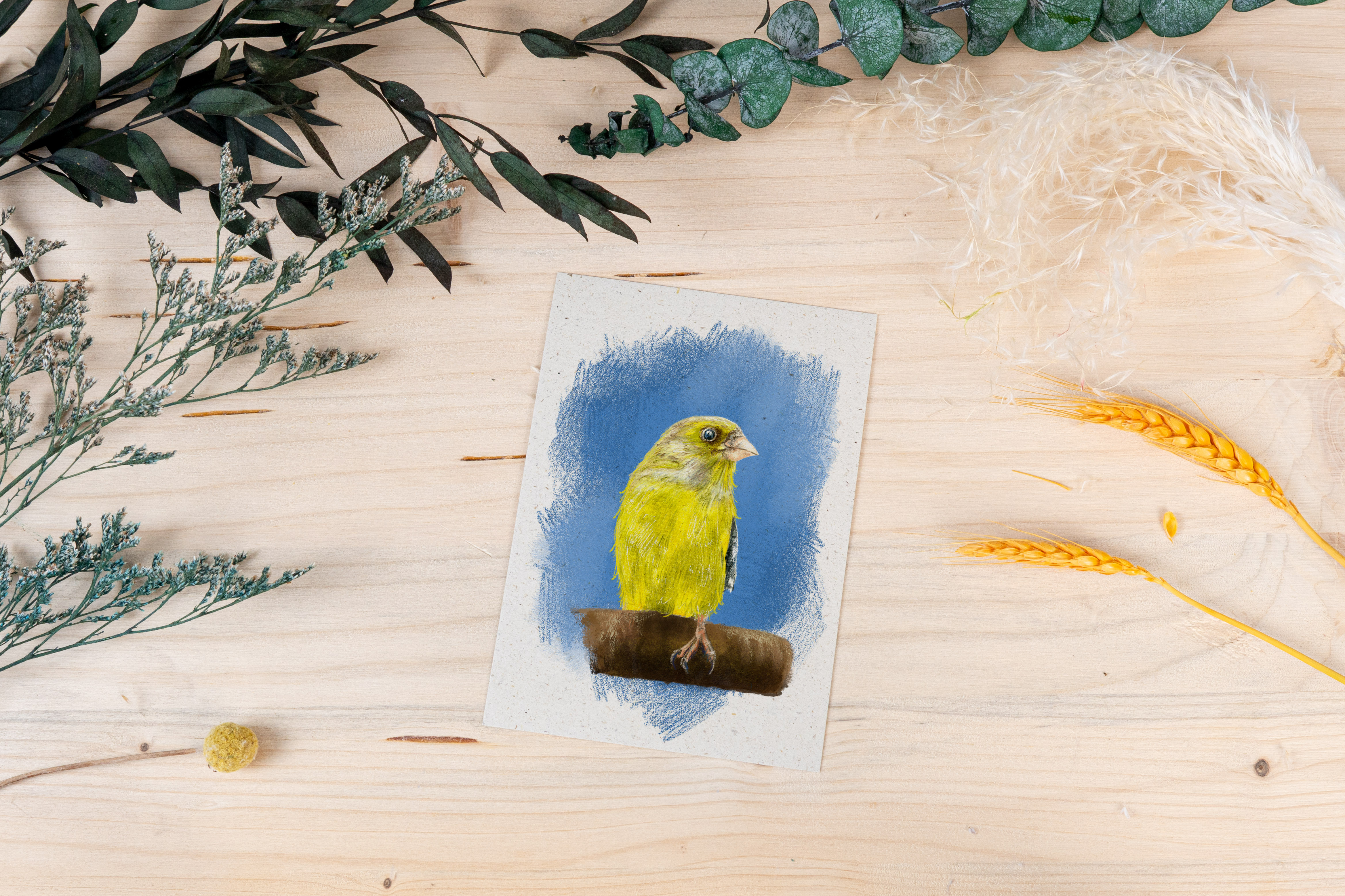 Grußkarte „Grünfink auf Blau – Leise Freude in Farbe“