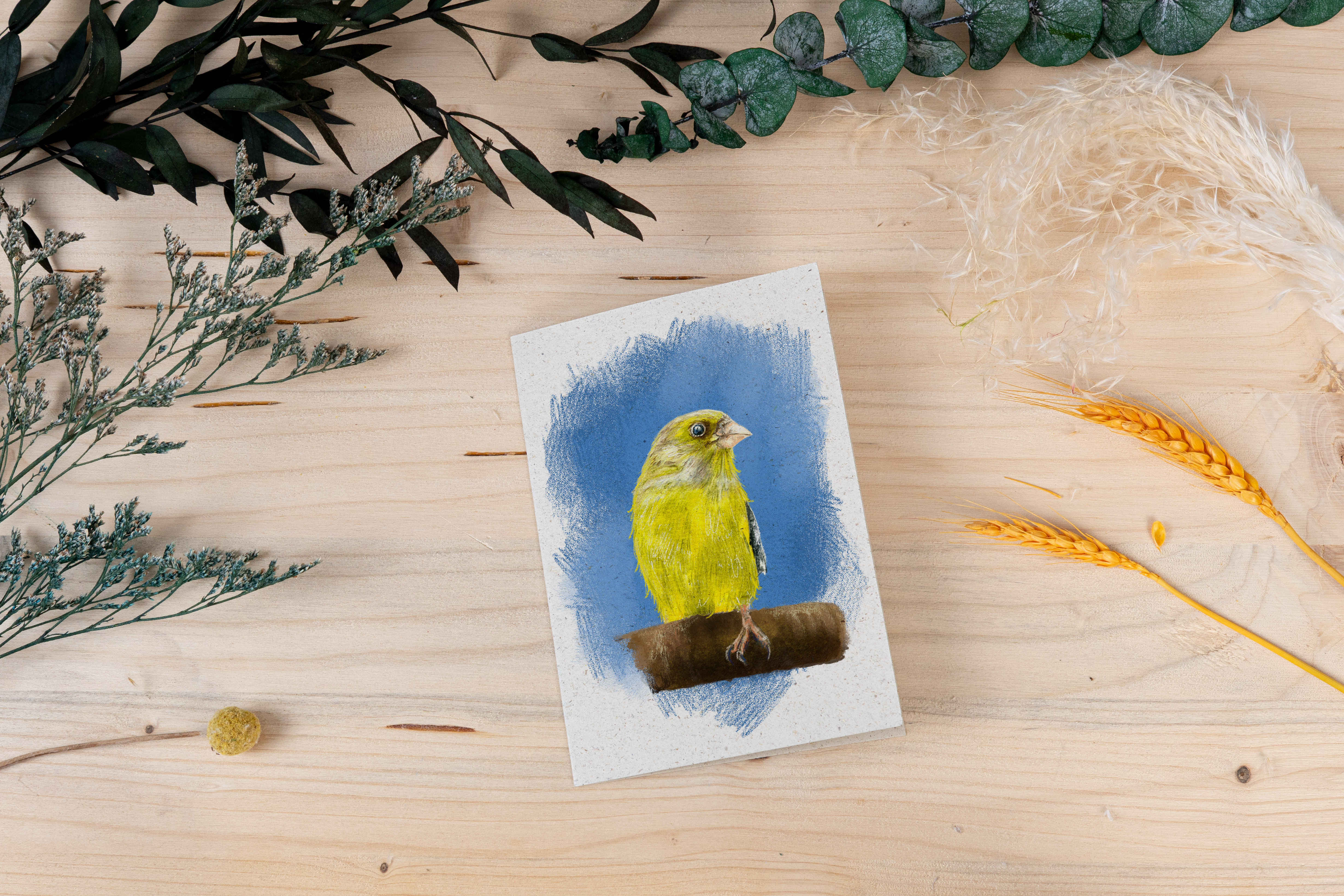 Grußkarte „Grünfink auf Blau – Leise Freude in Farbe“