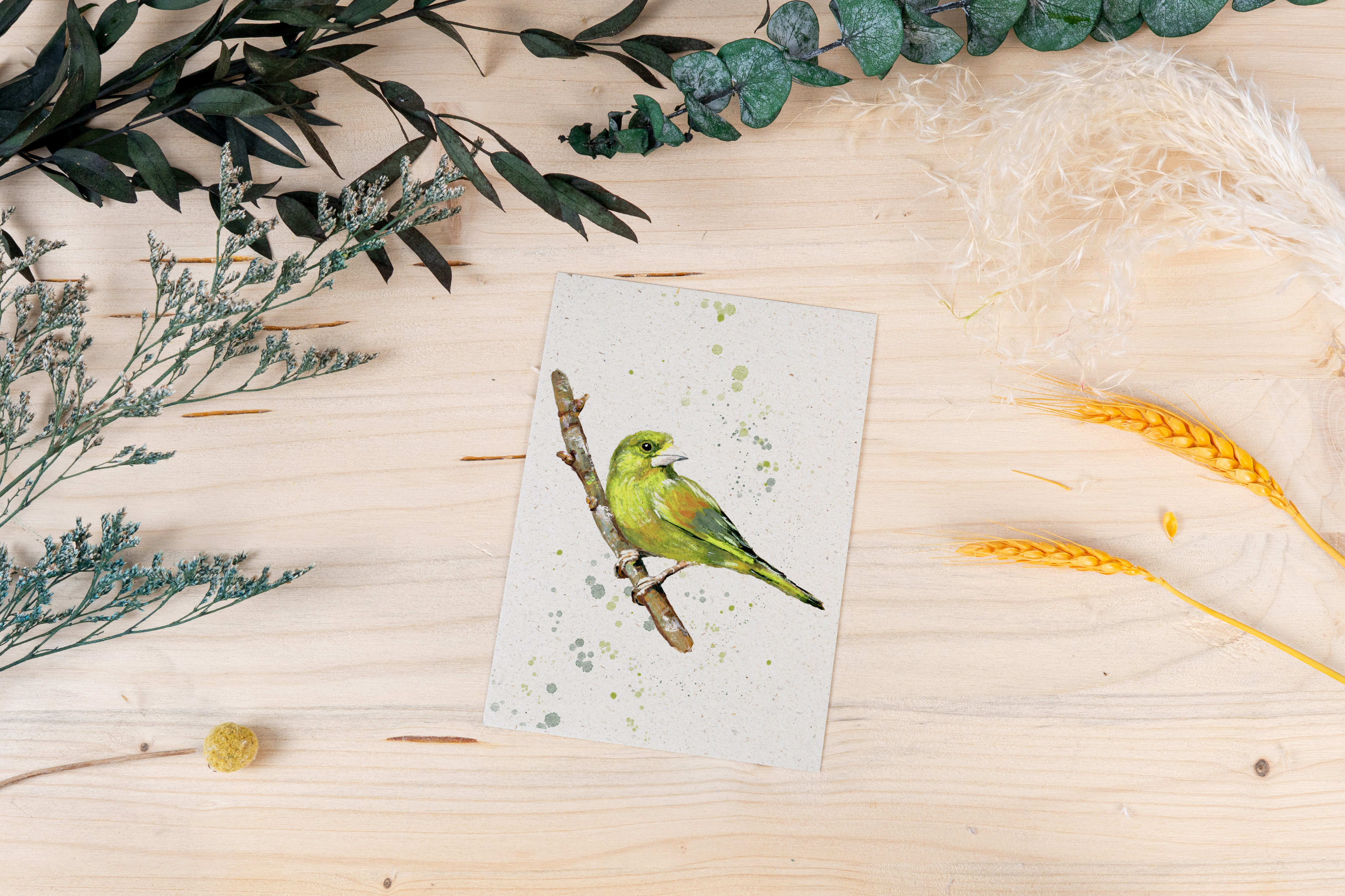 Grußkarte „Grünfink auf Zweig“