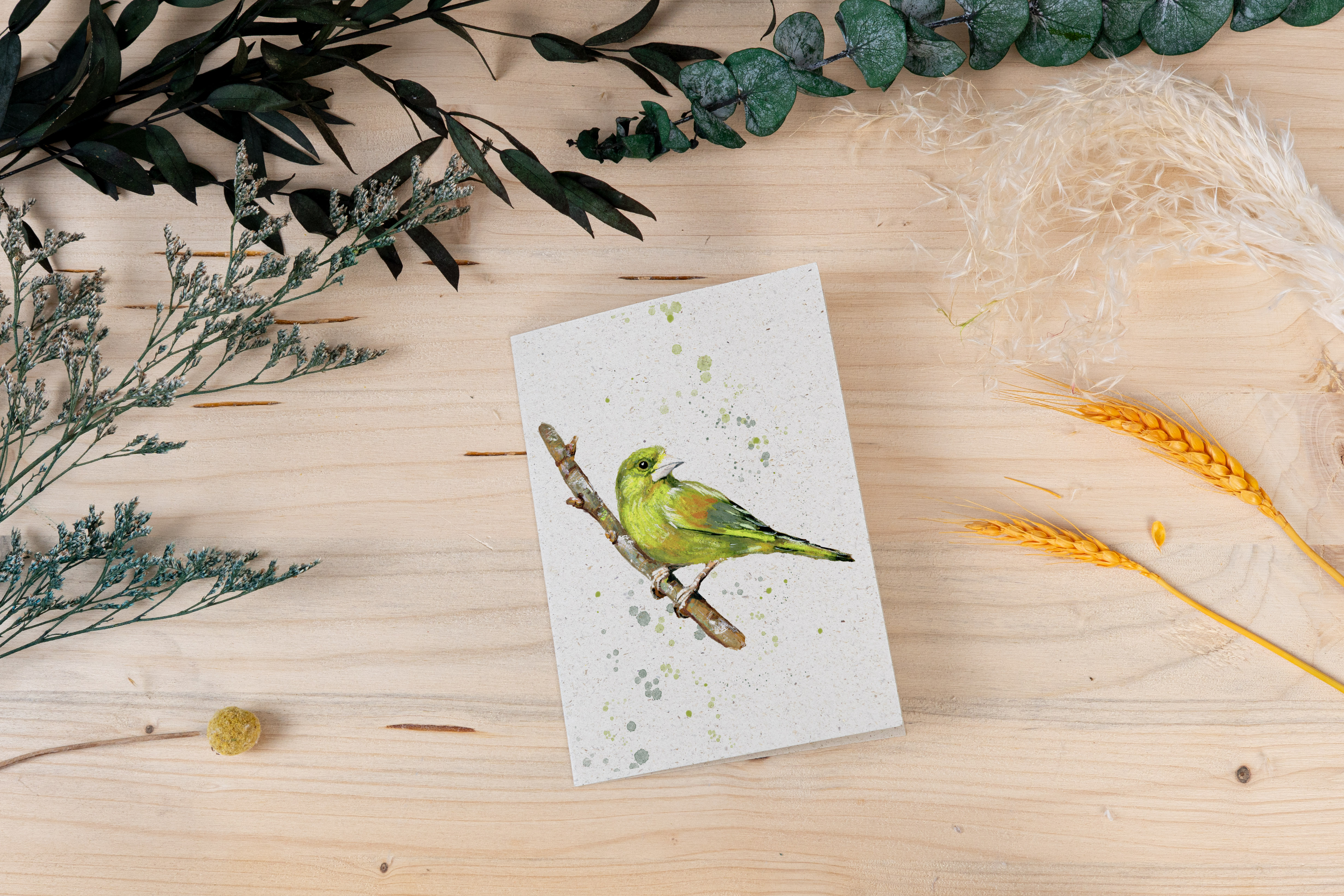 Grußkarte „Grünfink auf Zweig“